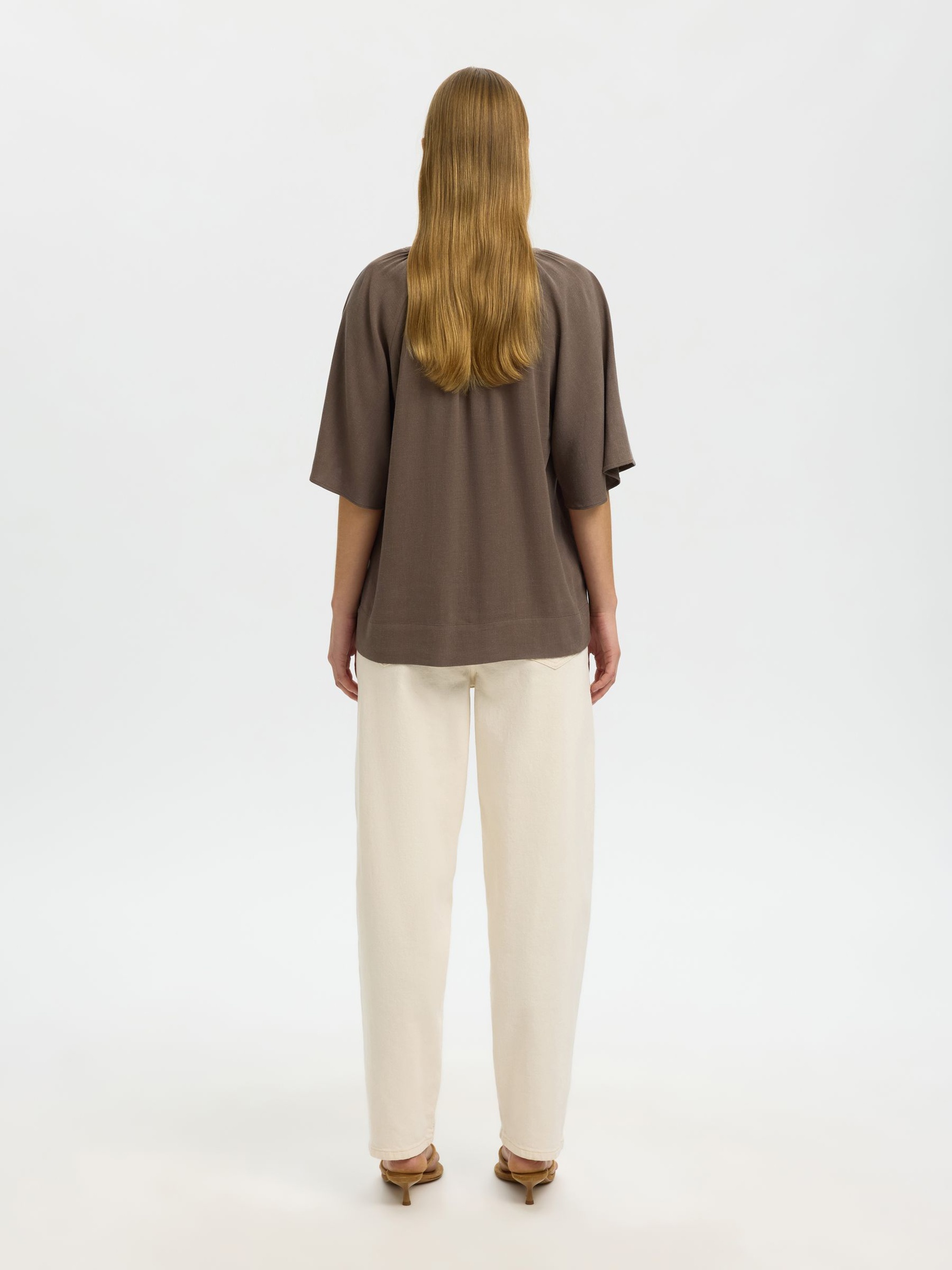 VISCOSE BLEND V-NECK BLOUSE, Chocolate Chip, highres