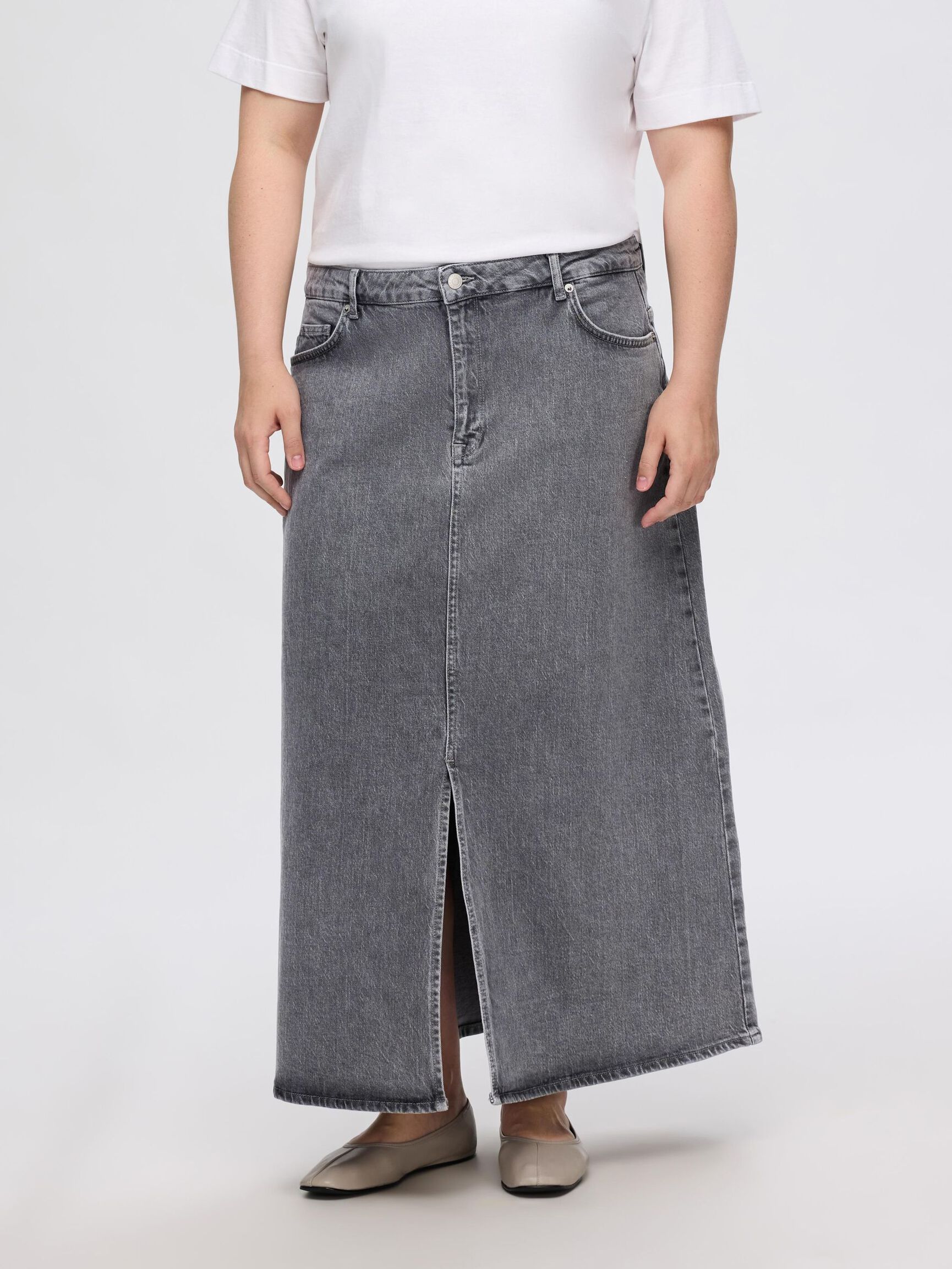 DENIM MIDI SKIRT, Light Grey Denim, highres