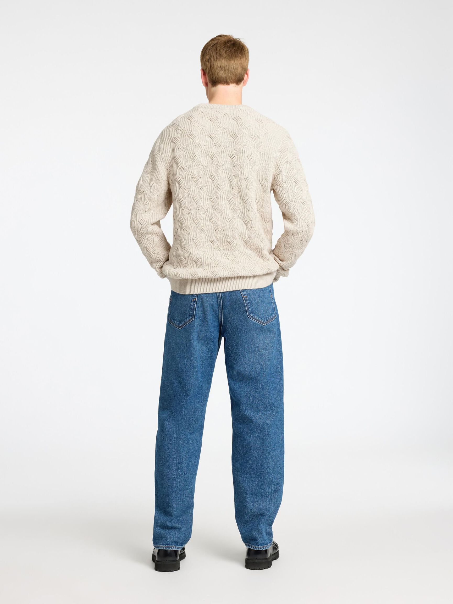 KABELSTRIKK CREW NECK-GENSER, Oatmeal, highres