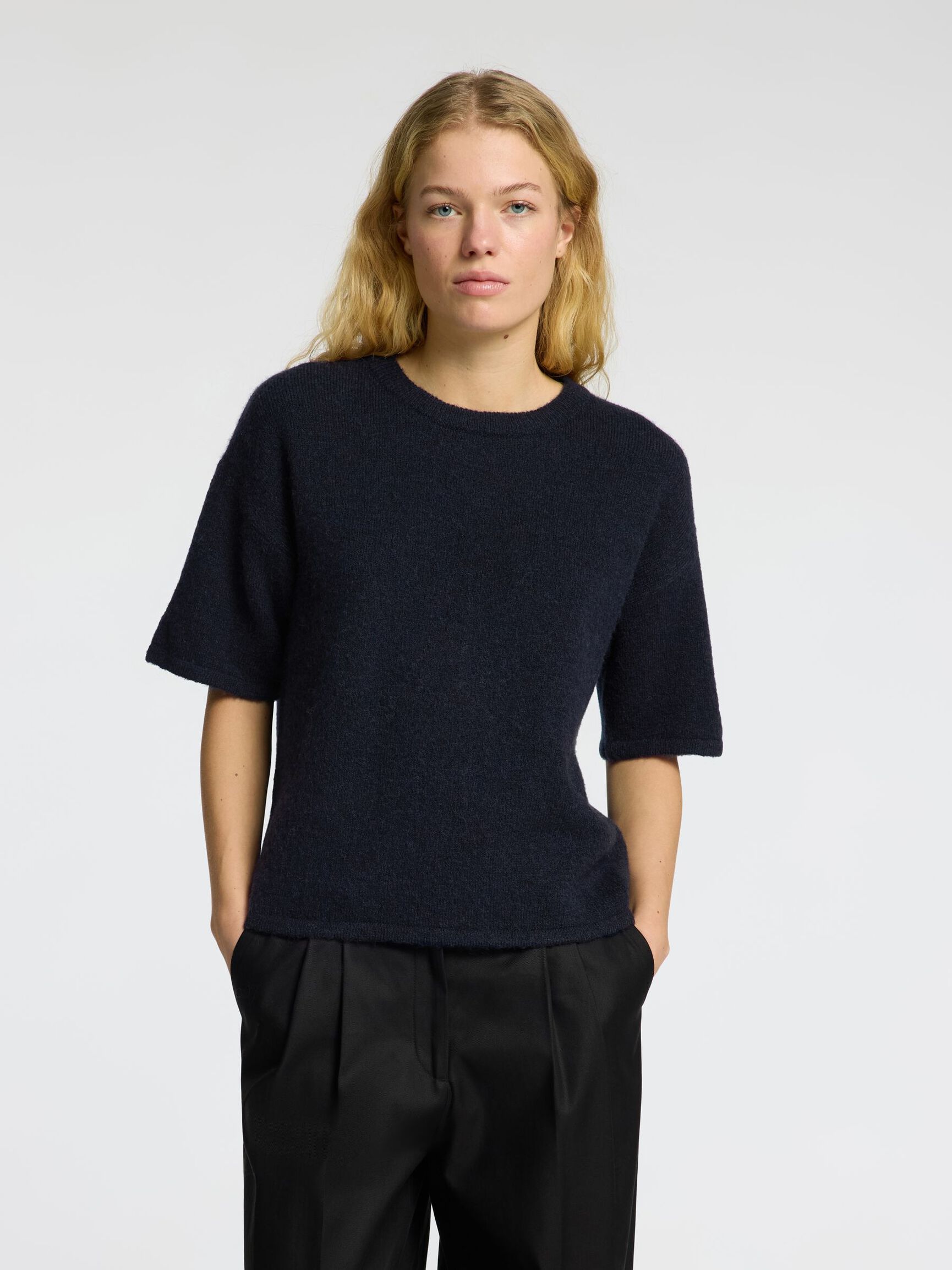 KORTÆRMET ULDBLANDING TOP, Dark Sapphire, highres