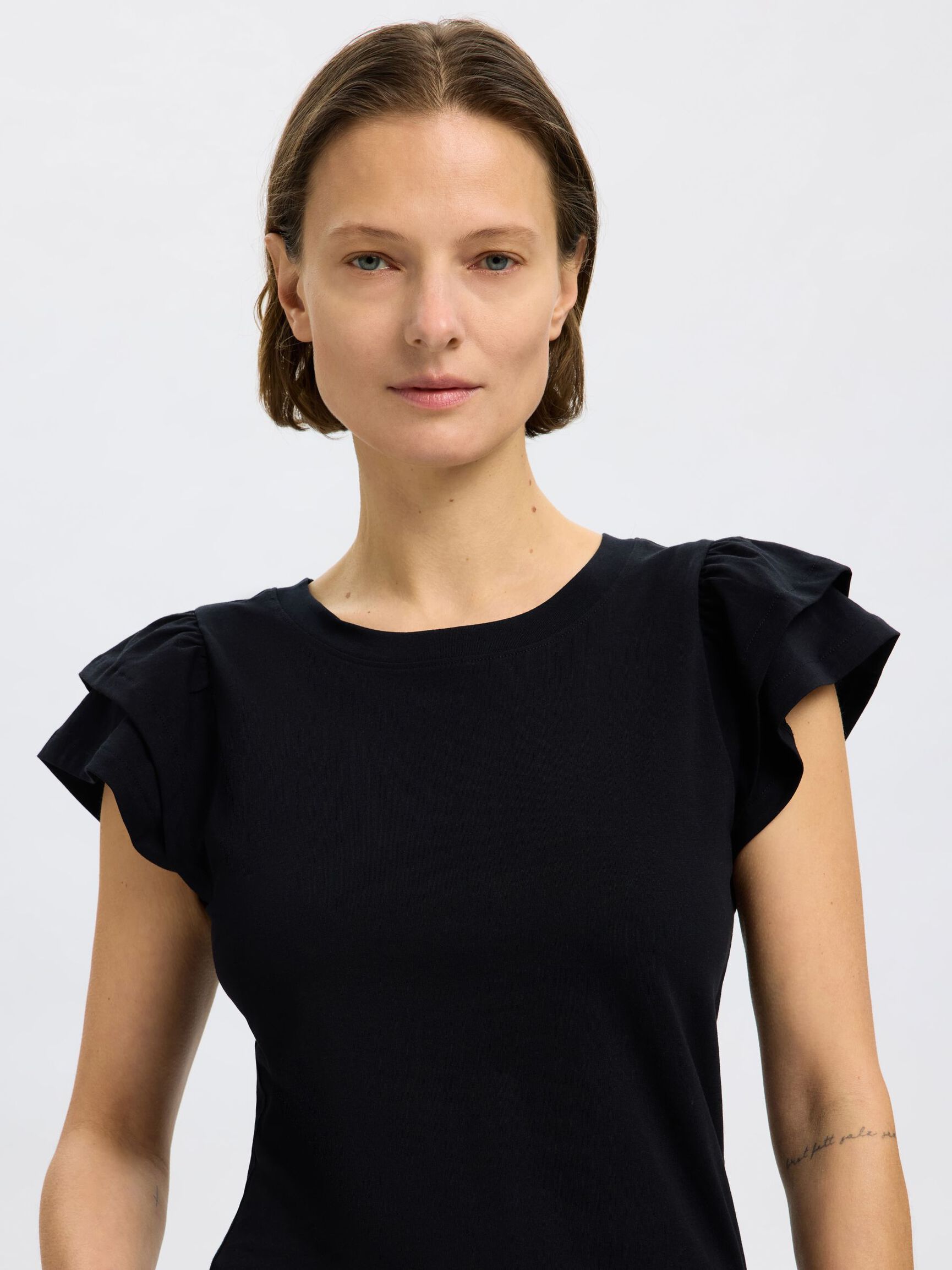 COTTON RUFFLED T-SHIRT, Black, highres