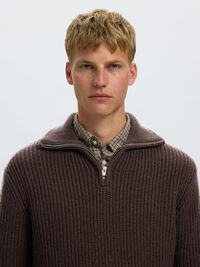 KNITTED WOOL BLEND HALF-ZIP JUMPER, Chocolate Torte, highres