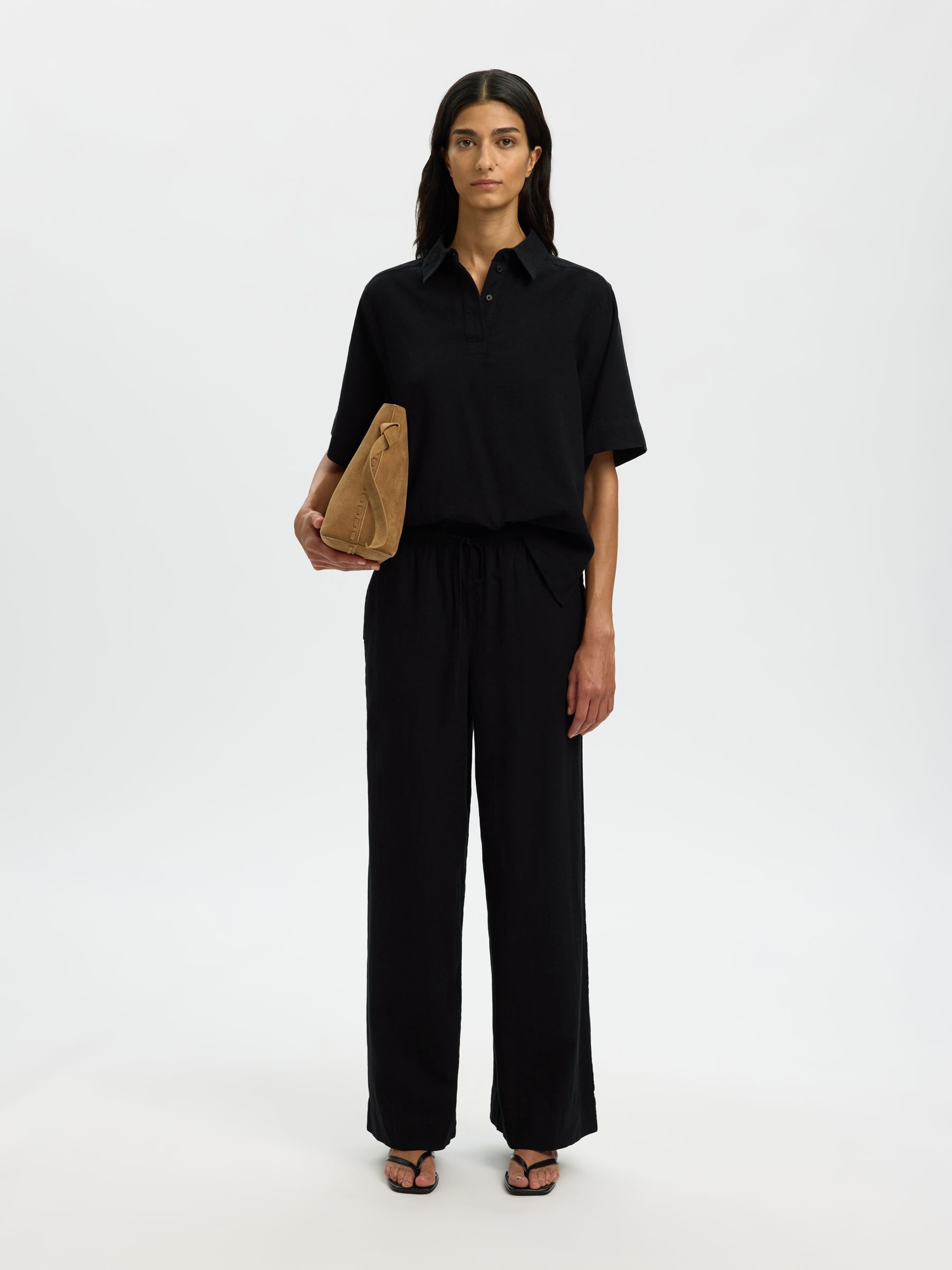 LINEN BLEND WIDE-LEG TROUSERS, Black, highres
