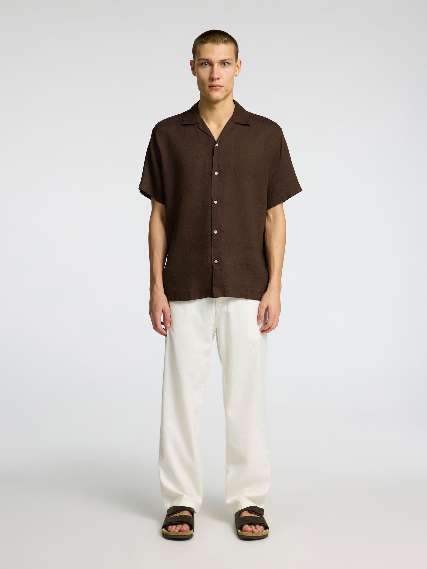 100 % LIN CHEMISE À MANCHES COURTES, Chocolate Brown, highres