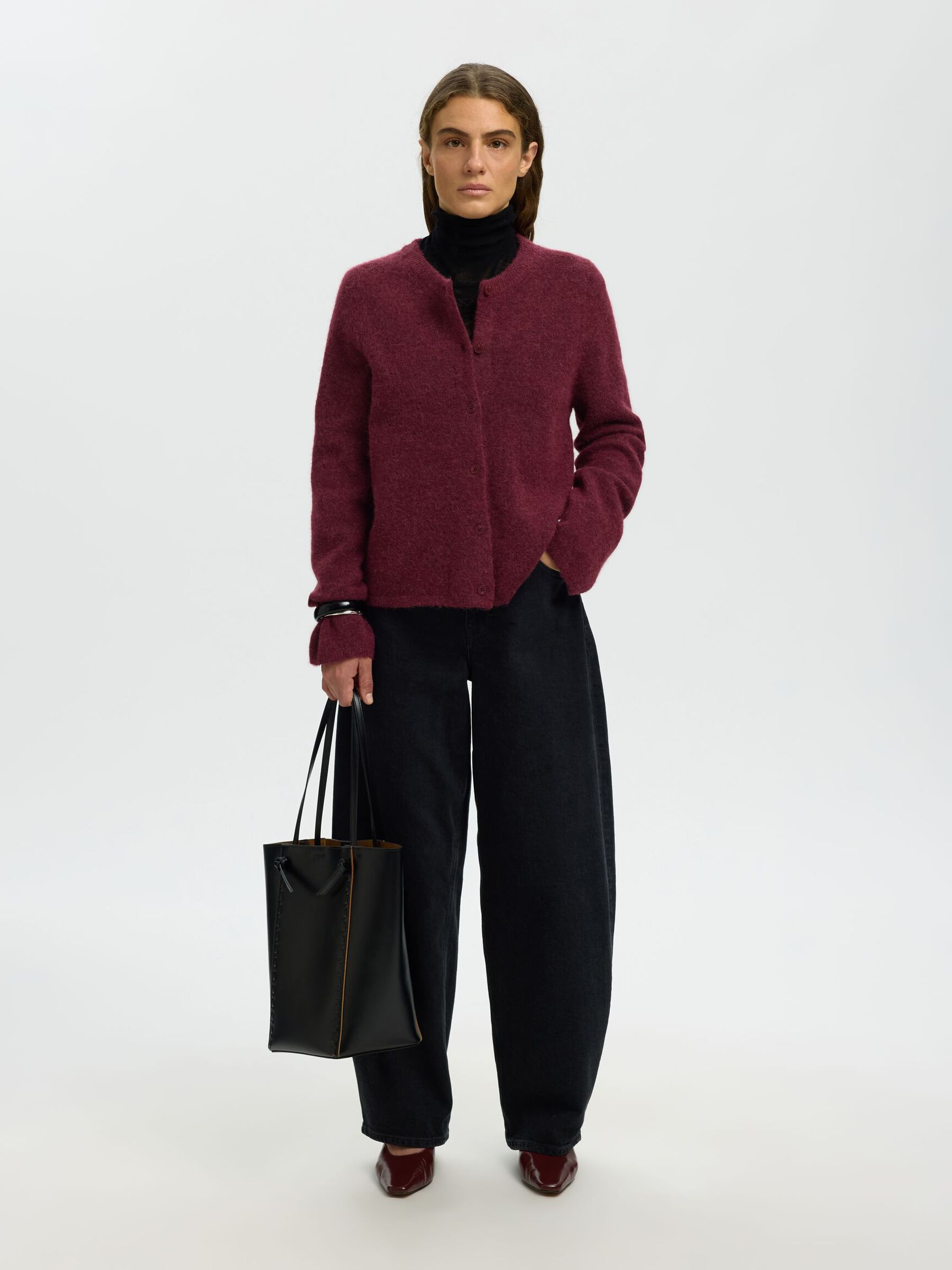 WOOL BLEND CARDIGAN, Tawny Port, highres