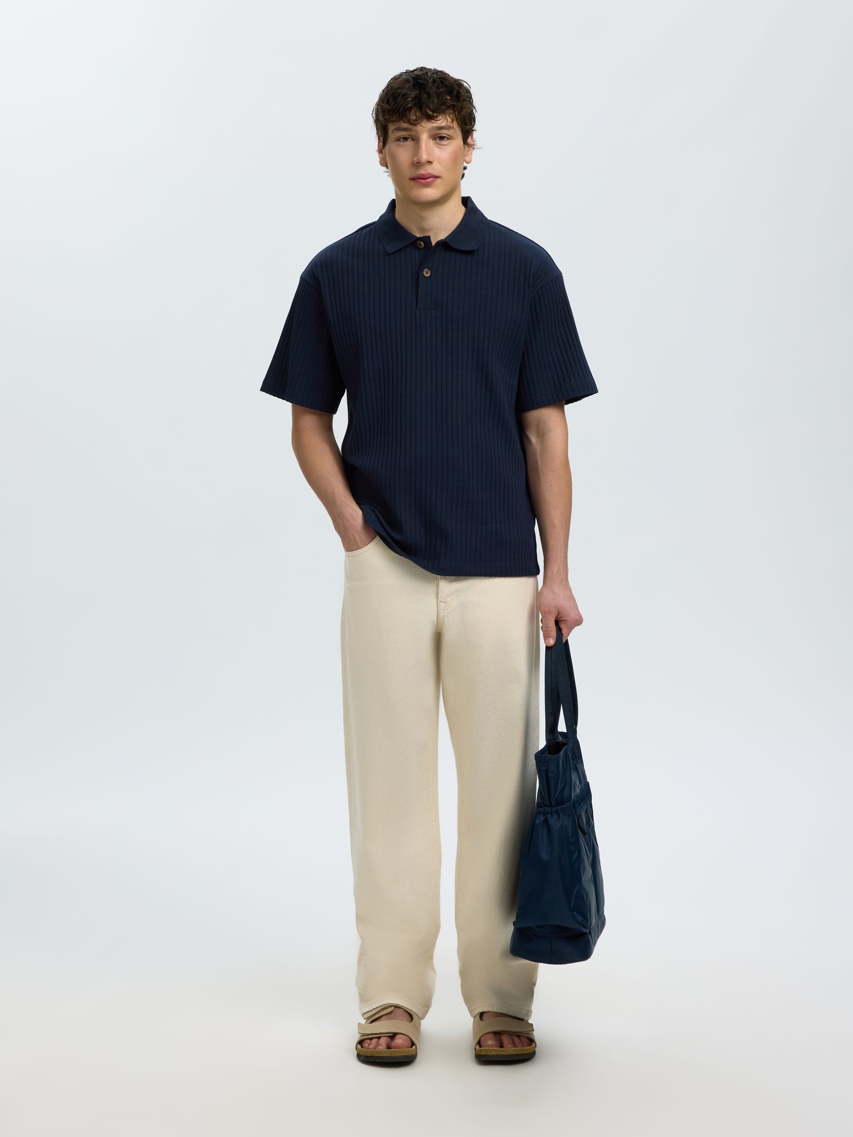 RELAXED FIT RIBBED POLO SHIRT, Sky Captain, highres