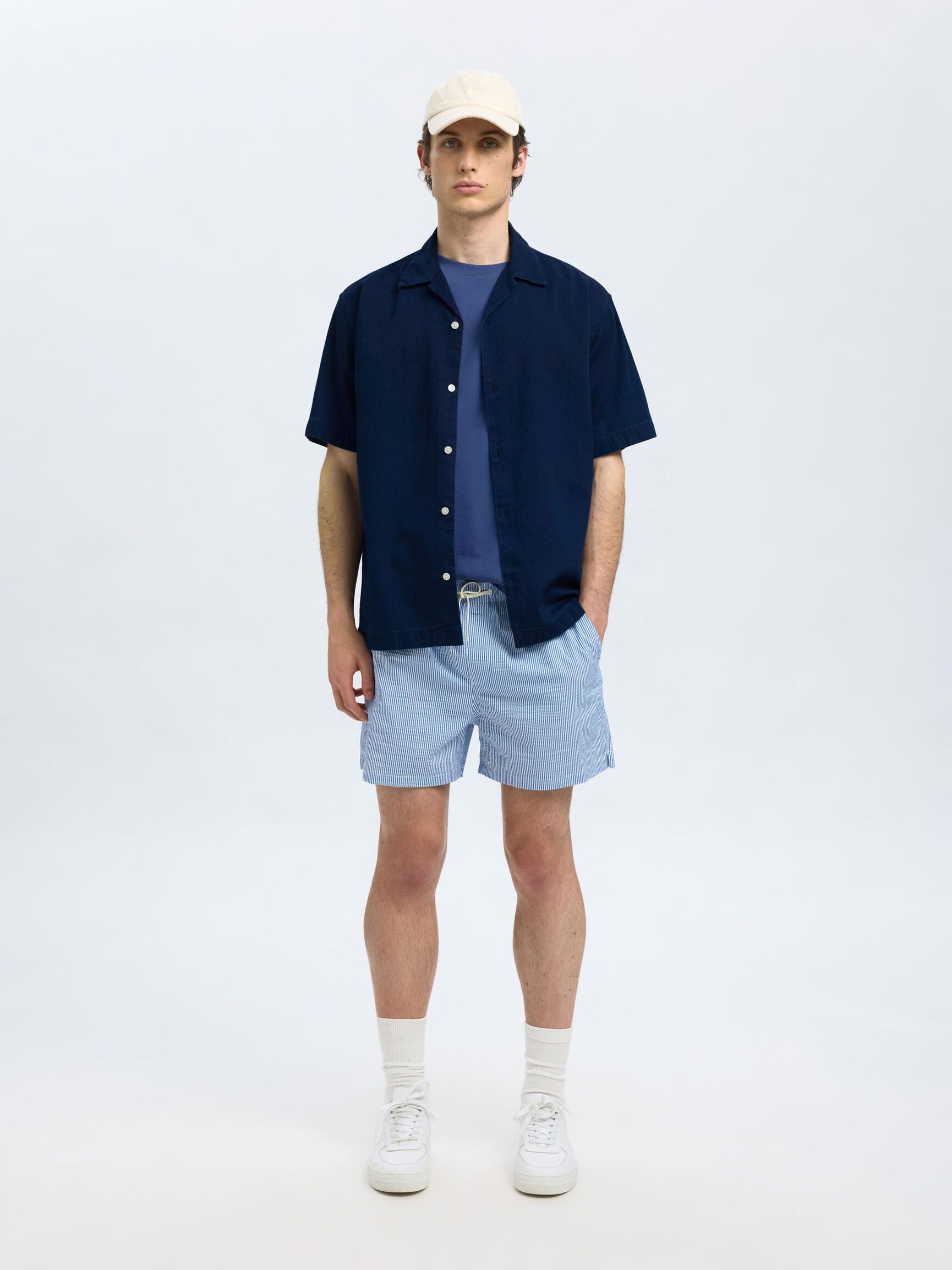 KORTE MOUWEN SPIJKERBLOUSE, Dark Blue Denim, highres