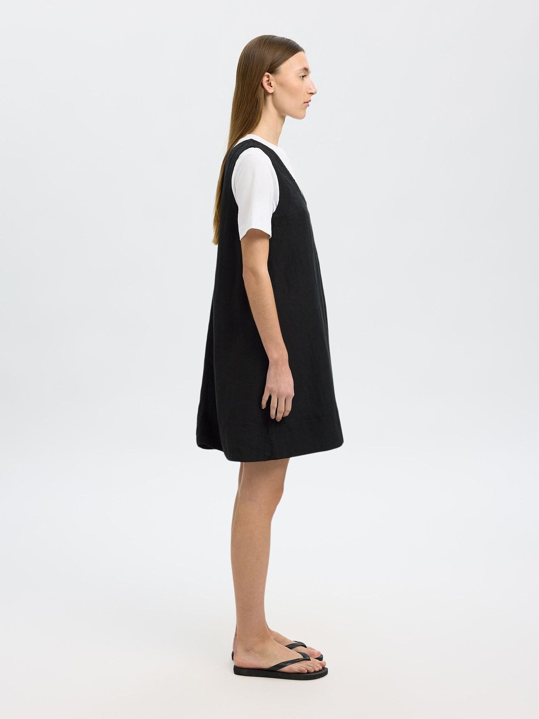 100% LEINEN KLEID OHNE ÄRMEL, Black, highres