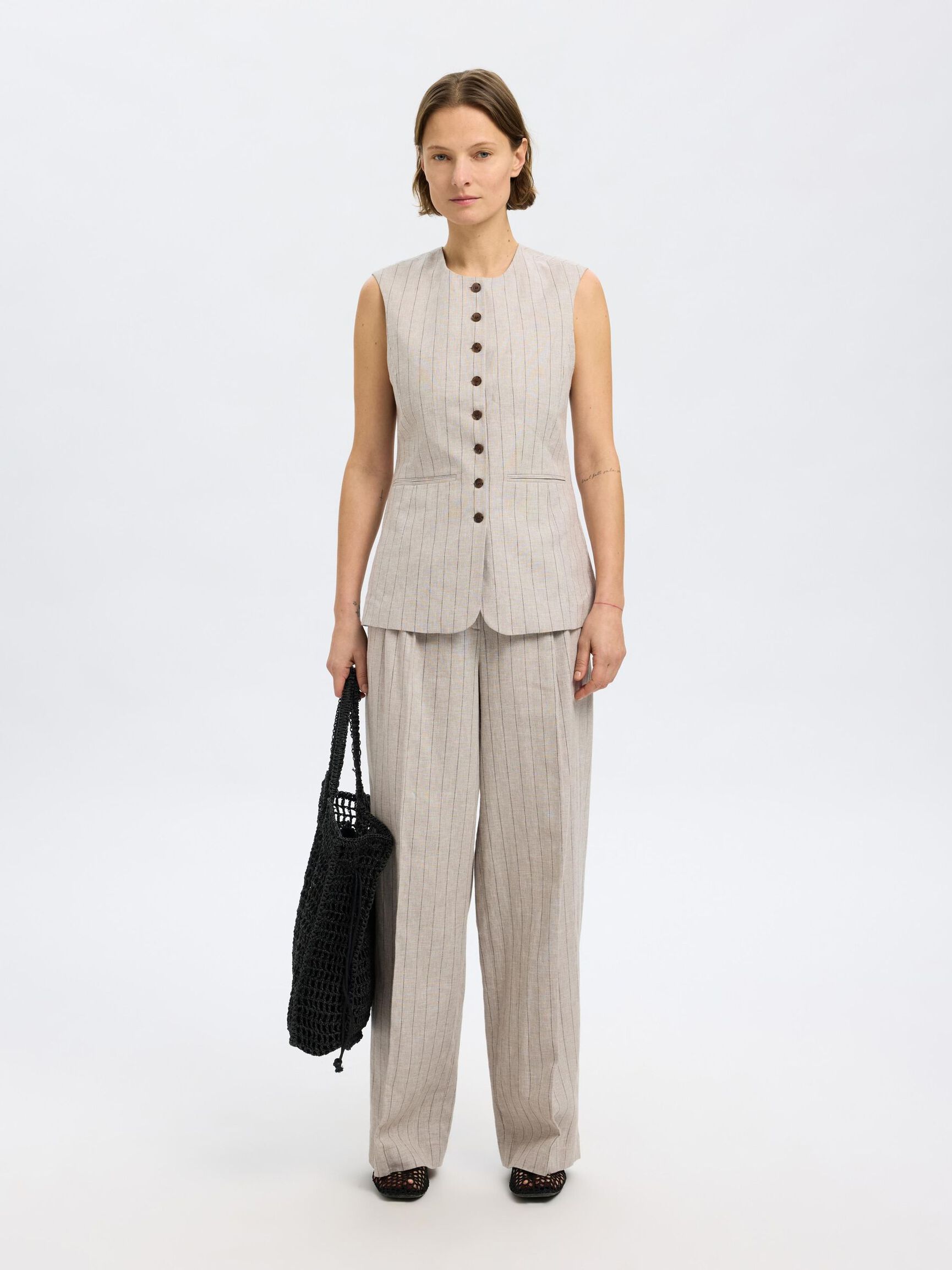 LINEN BLEND WAISTCOAT, Oatmeal, highres