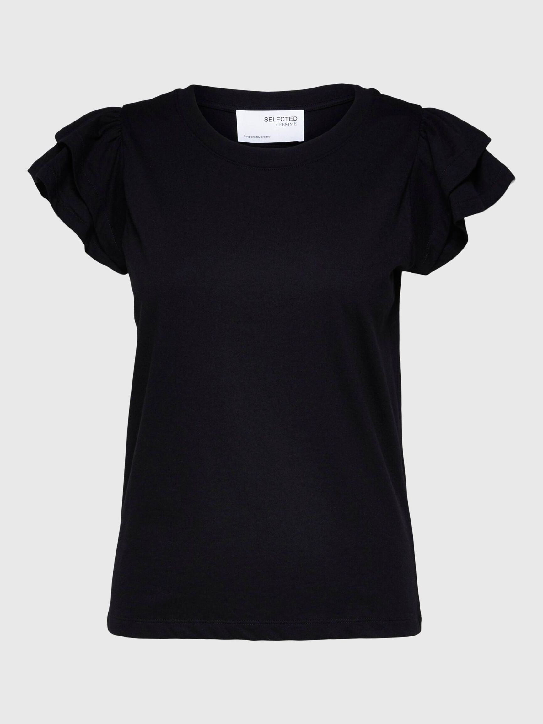 COTTON RUFFLED T-SHIRT, Black, highres