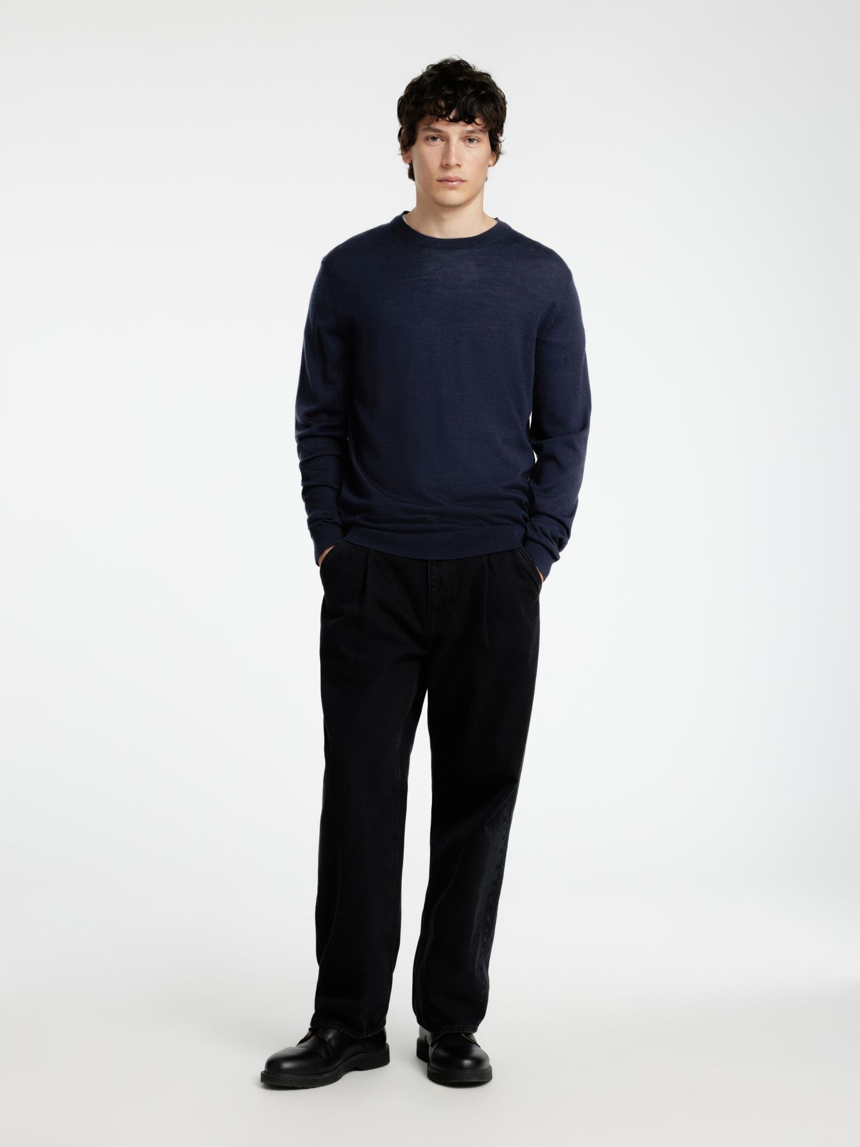 100% MERINOWOL PULLOVER MET RONDE HALS, Navy Blazer, highres
