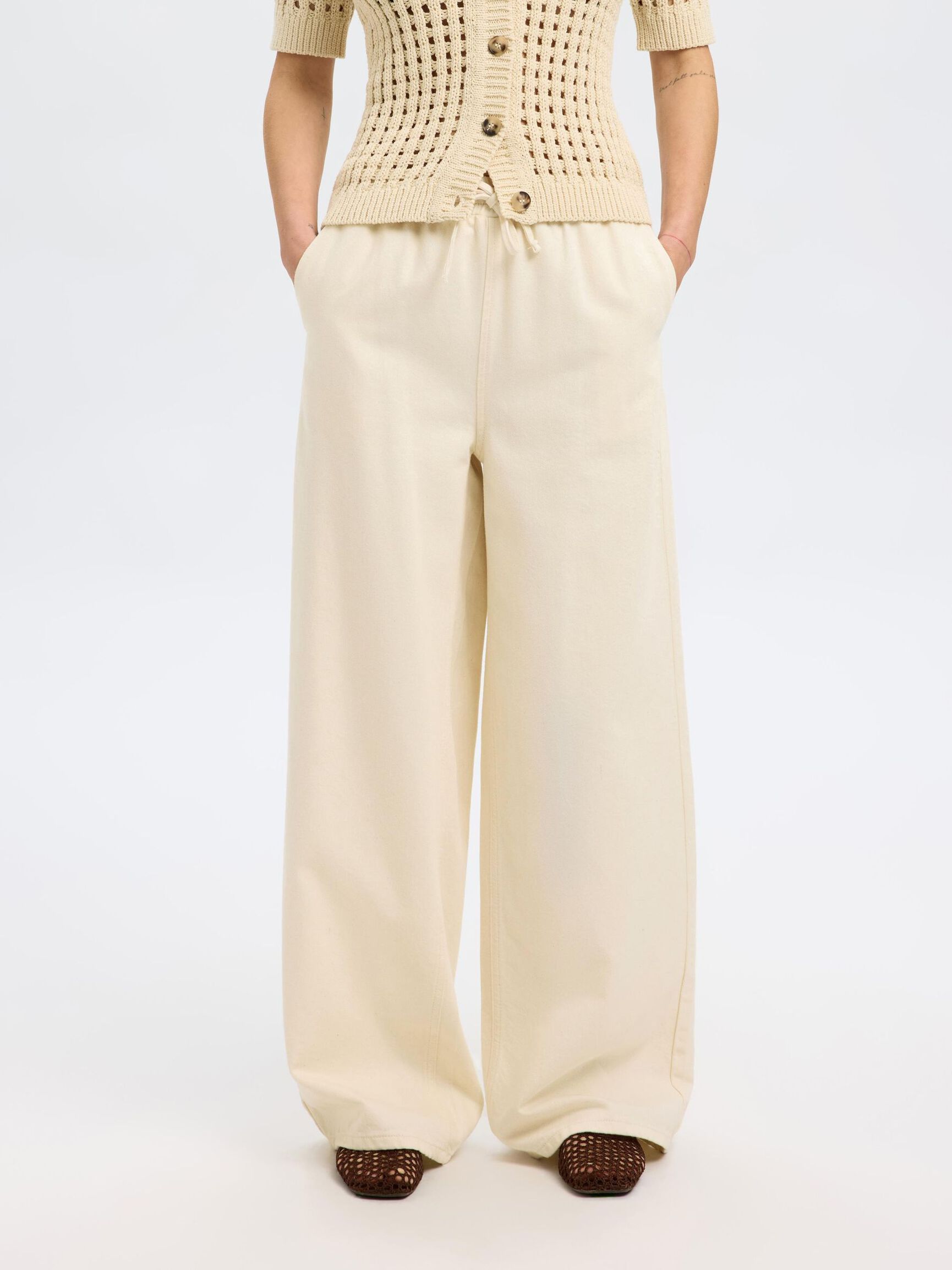 COTTON BLEND WIDE-LEG TROUSERS, Ecru, highres