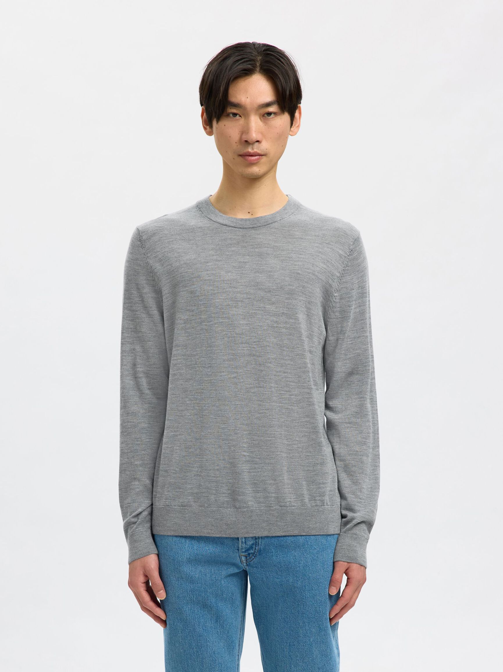 100% MERINO WOOL CREWNECK JUMPER, Medium Grey Melange, highres