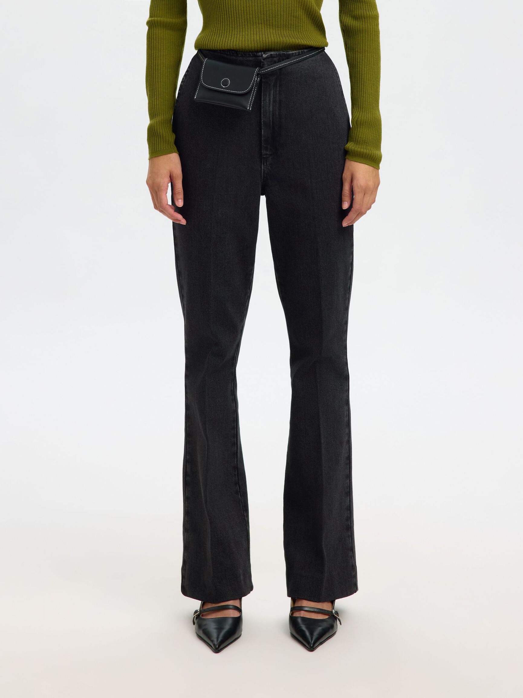 HOOG GETAILLEERD FLARED JEANS, Black Denim, highres