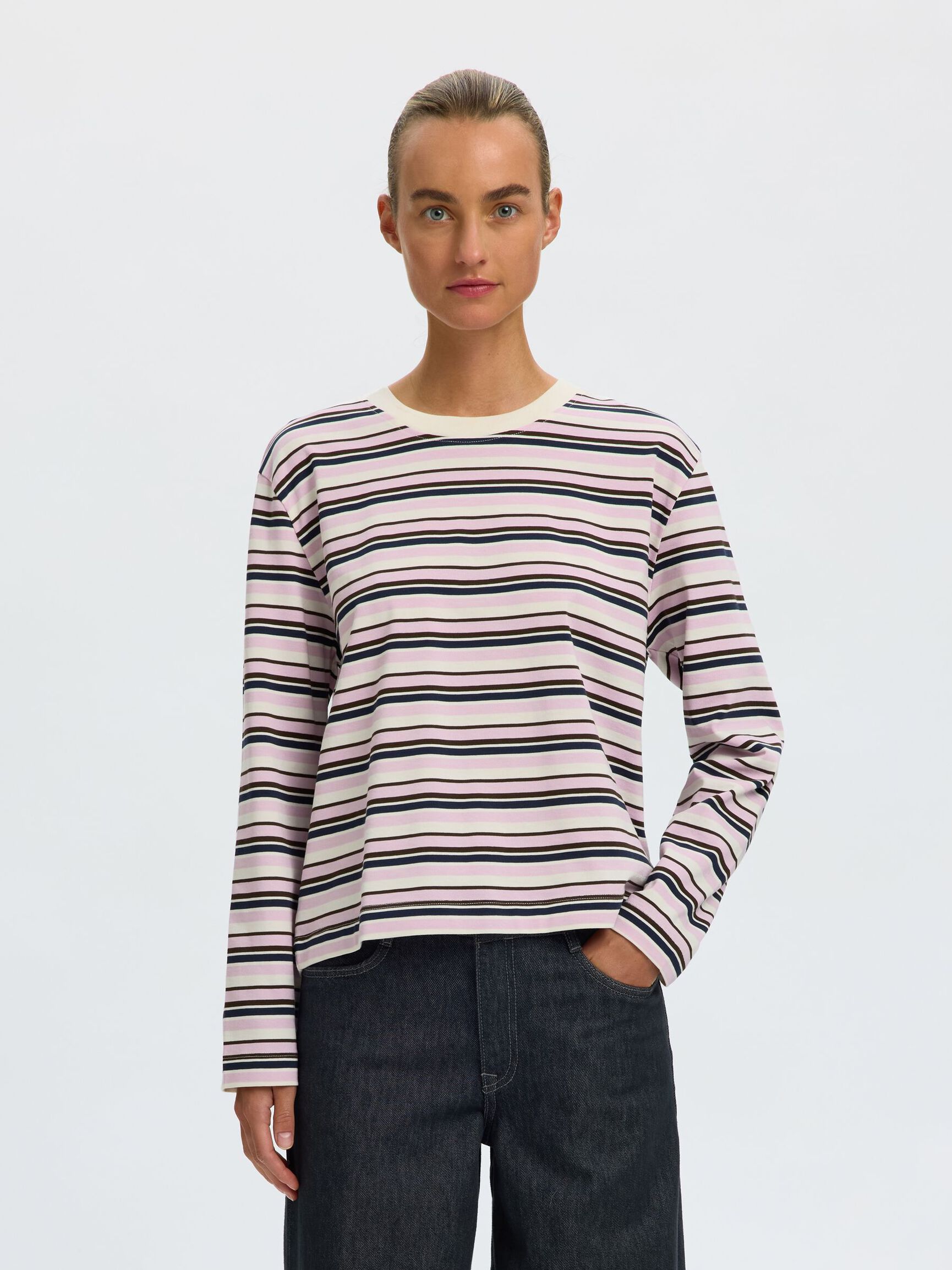 GESTREEPT T-SHIRT MET LANGE MOUWEN, Winsome Orchid, highres