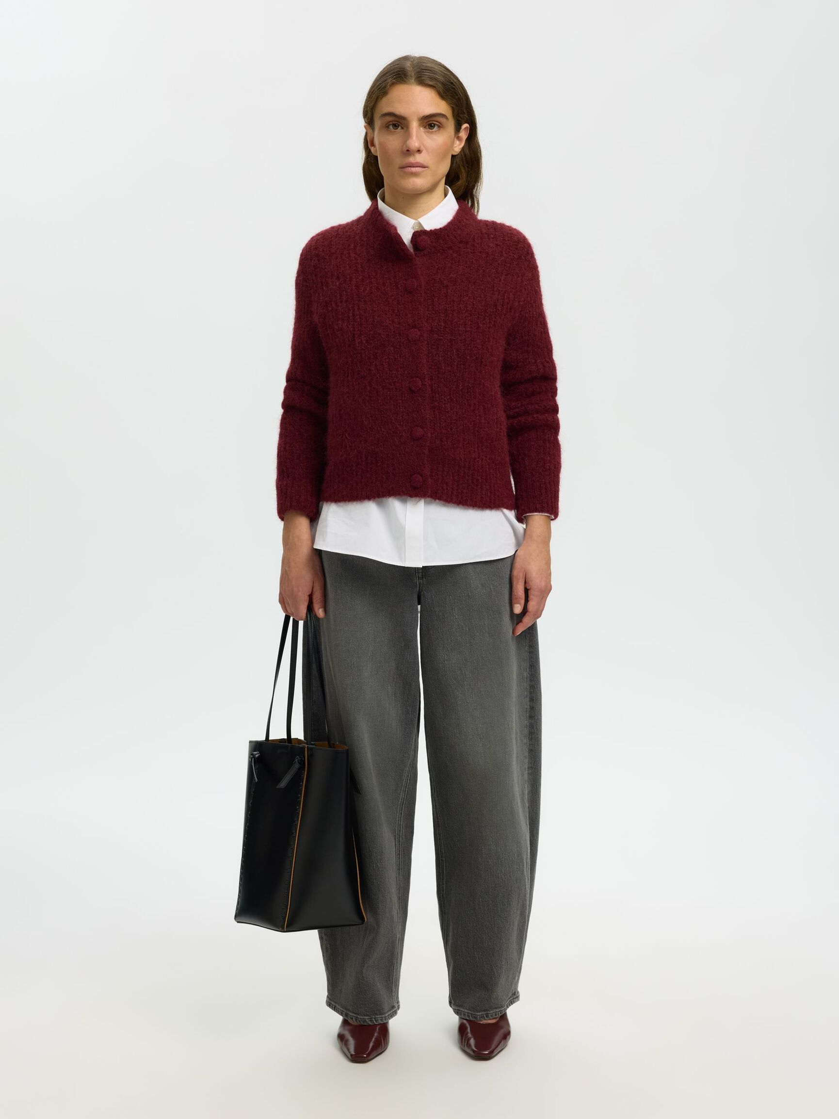 ALPACA BLEND KNITTED CARDIGAN, Tawny Port, highres