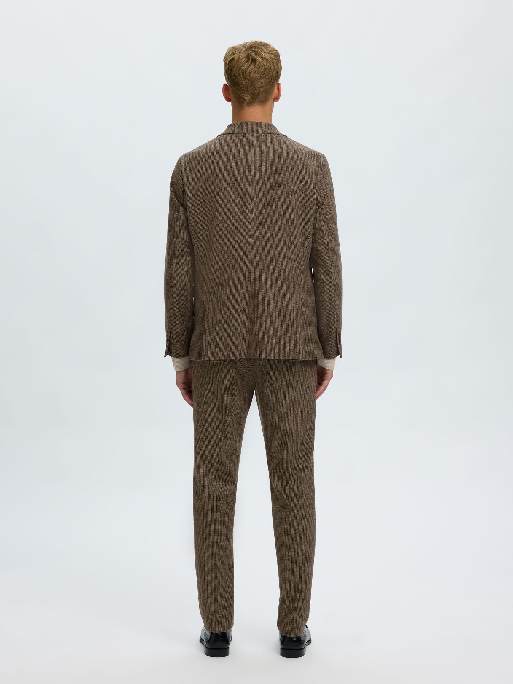 CHECKED WOOL BLEND TROUSERS, Medium Brown Melange, highres
