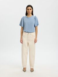 RUFFLED COTTON T-SHIRT, Dusty Blue, highres