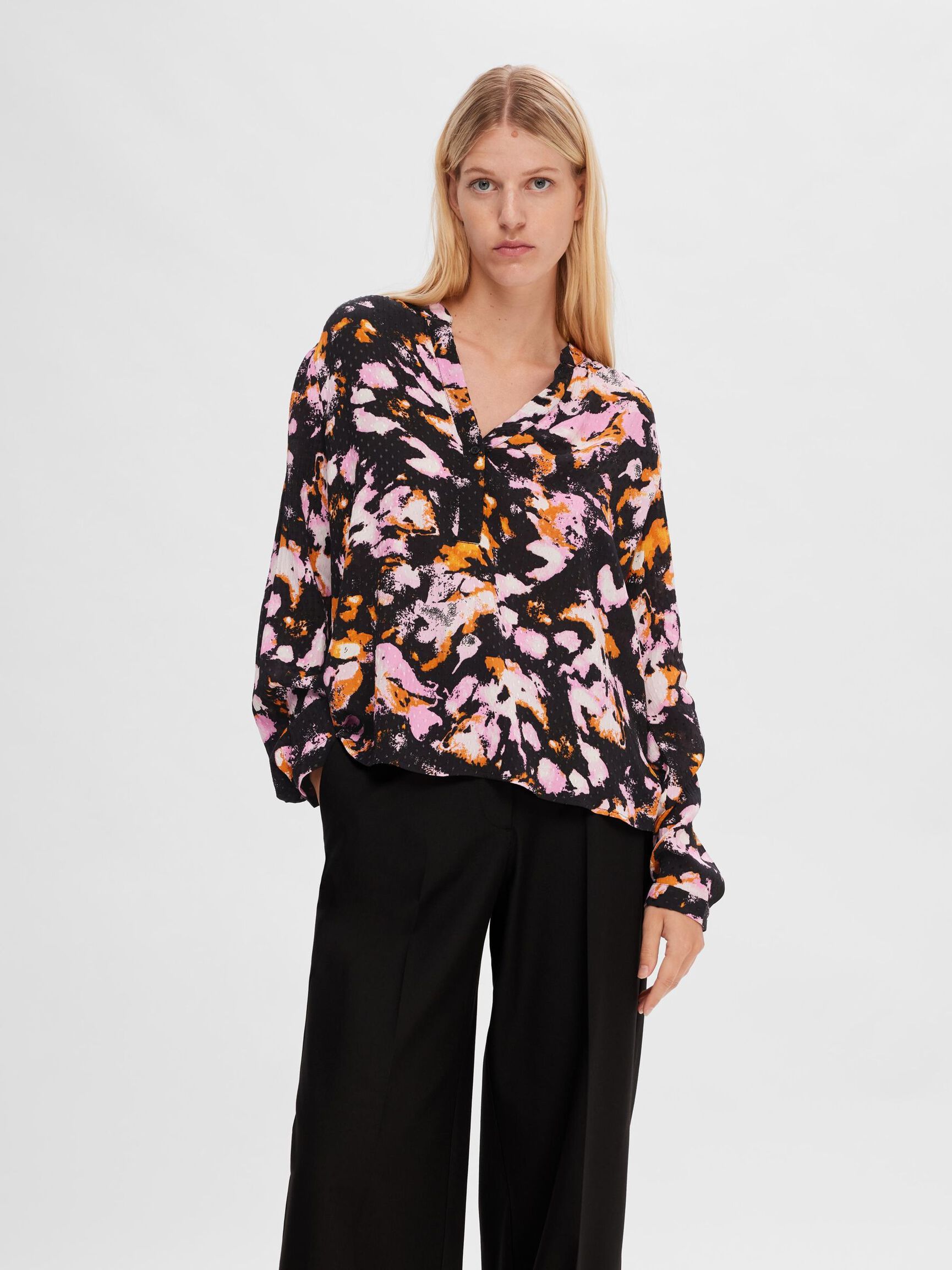BEDRUKT SHIRT MET LANGE MOUWEN, Black, highres