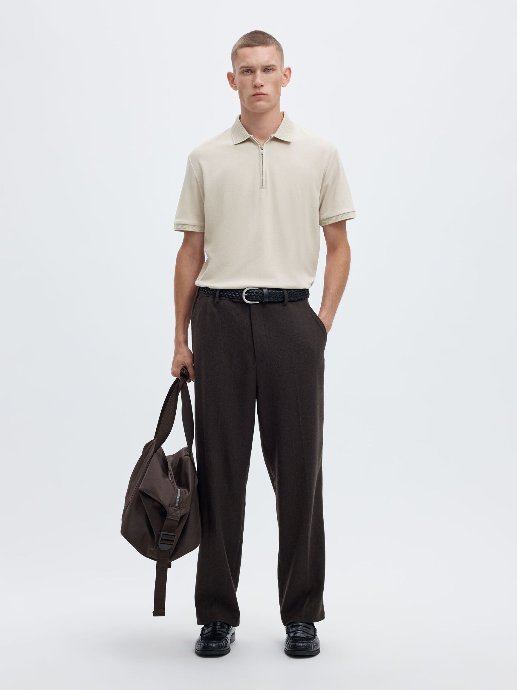 ZIPPER KNITTED POLO SHIRT, Oatmeal, highres