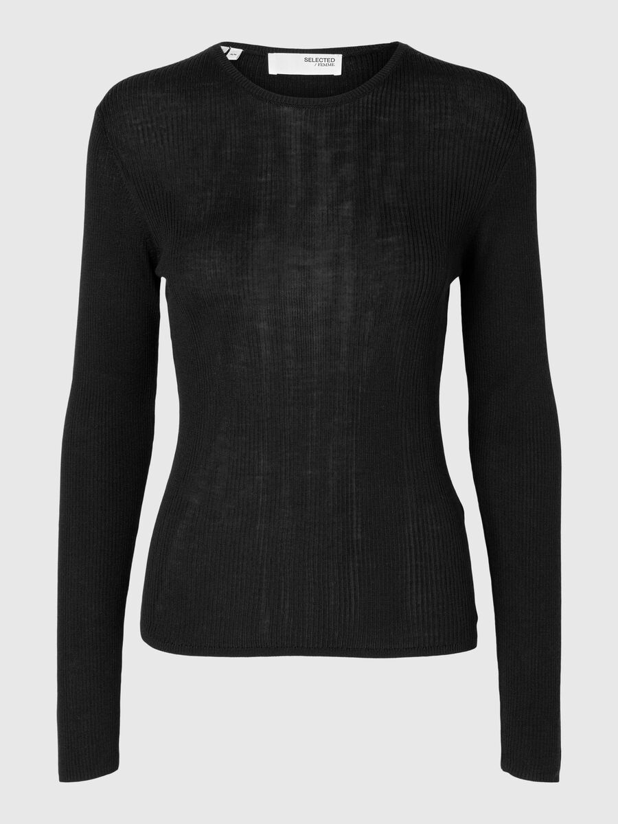 Selected WOOL BLEND LONG SLEEVED TOP, Black, highres - 16094726_Black_001.jpg