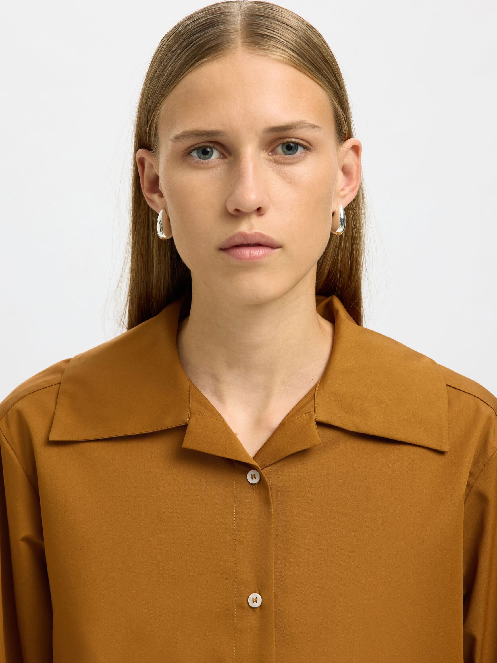 COTTON LONG SLEEVED SHIRT, Golden Brown, highres