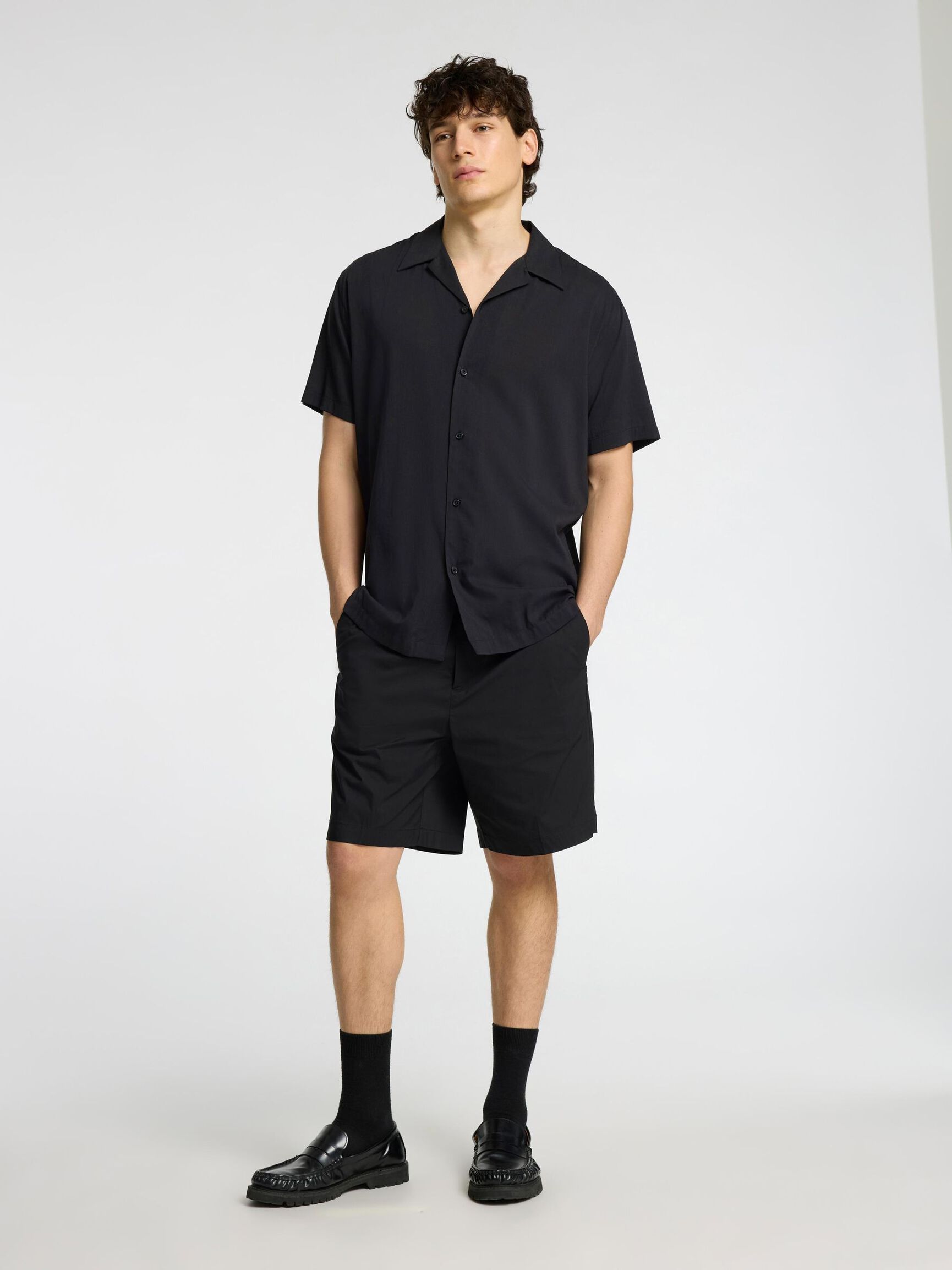 CUBAN COLLAR SHIRT, Black, highres