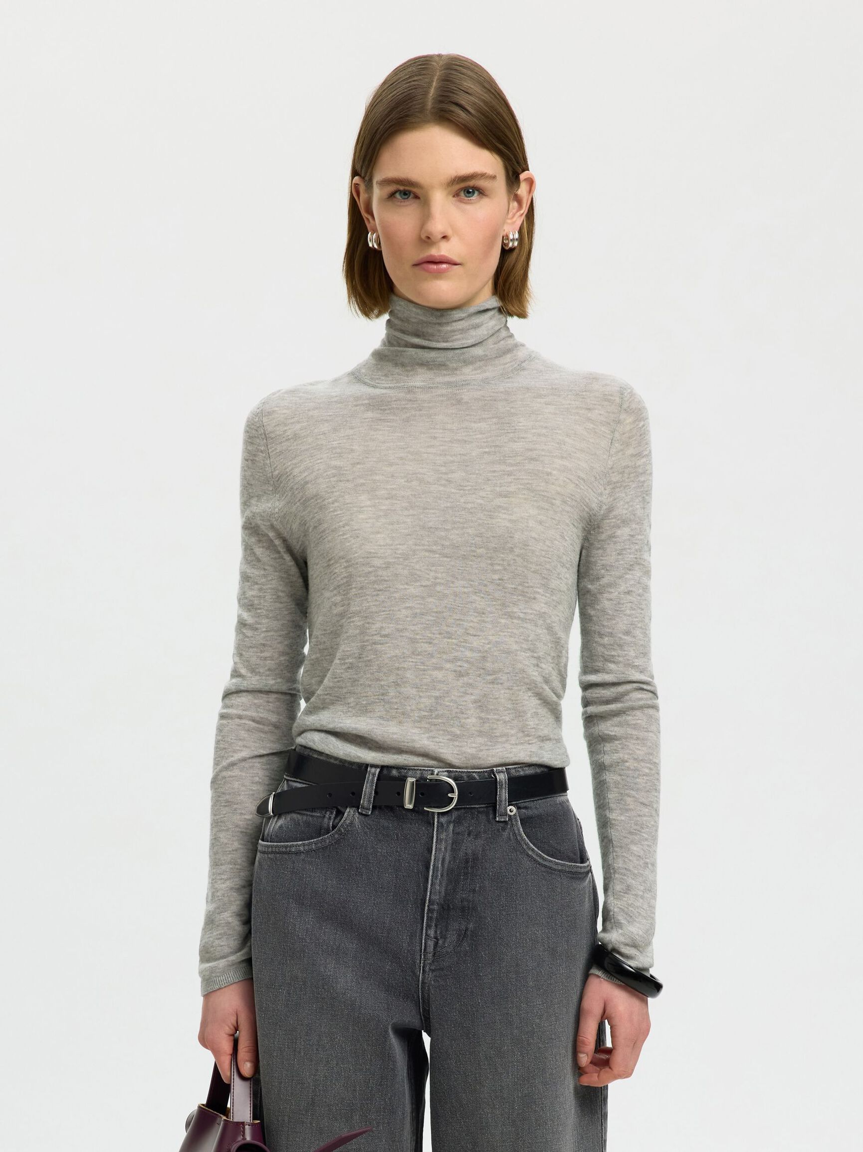 MERINO WOOL TURTLENECK, Light Grey Melange, highres