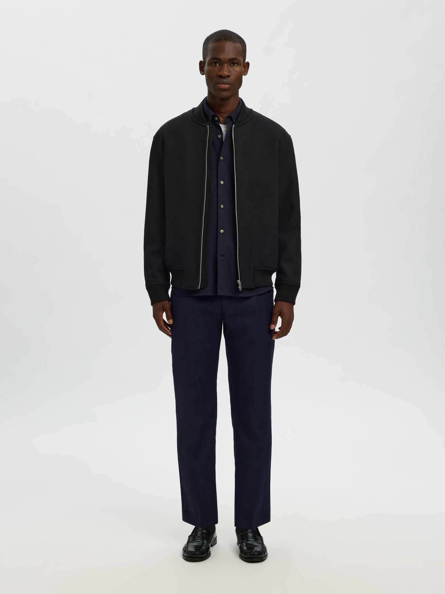 WOOL BLEND BOMBER JACKET, Black, highres