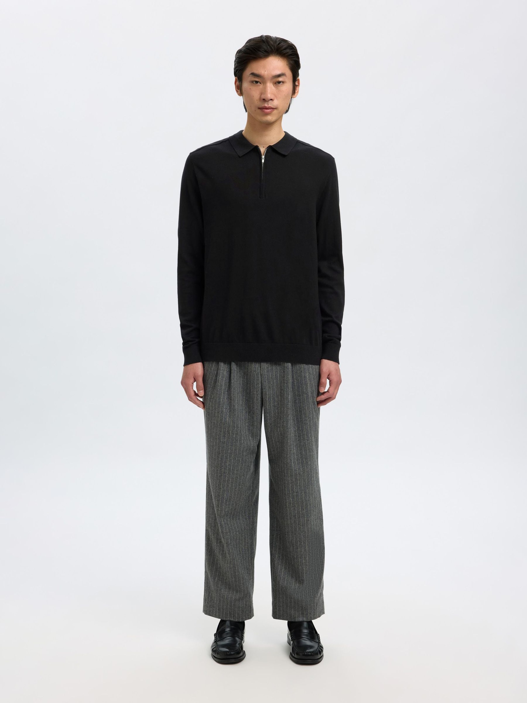 KNITTED LONG-SLEEVED POLO, Black, highres