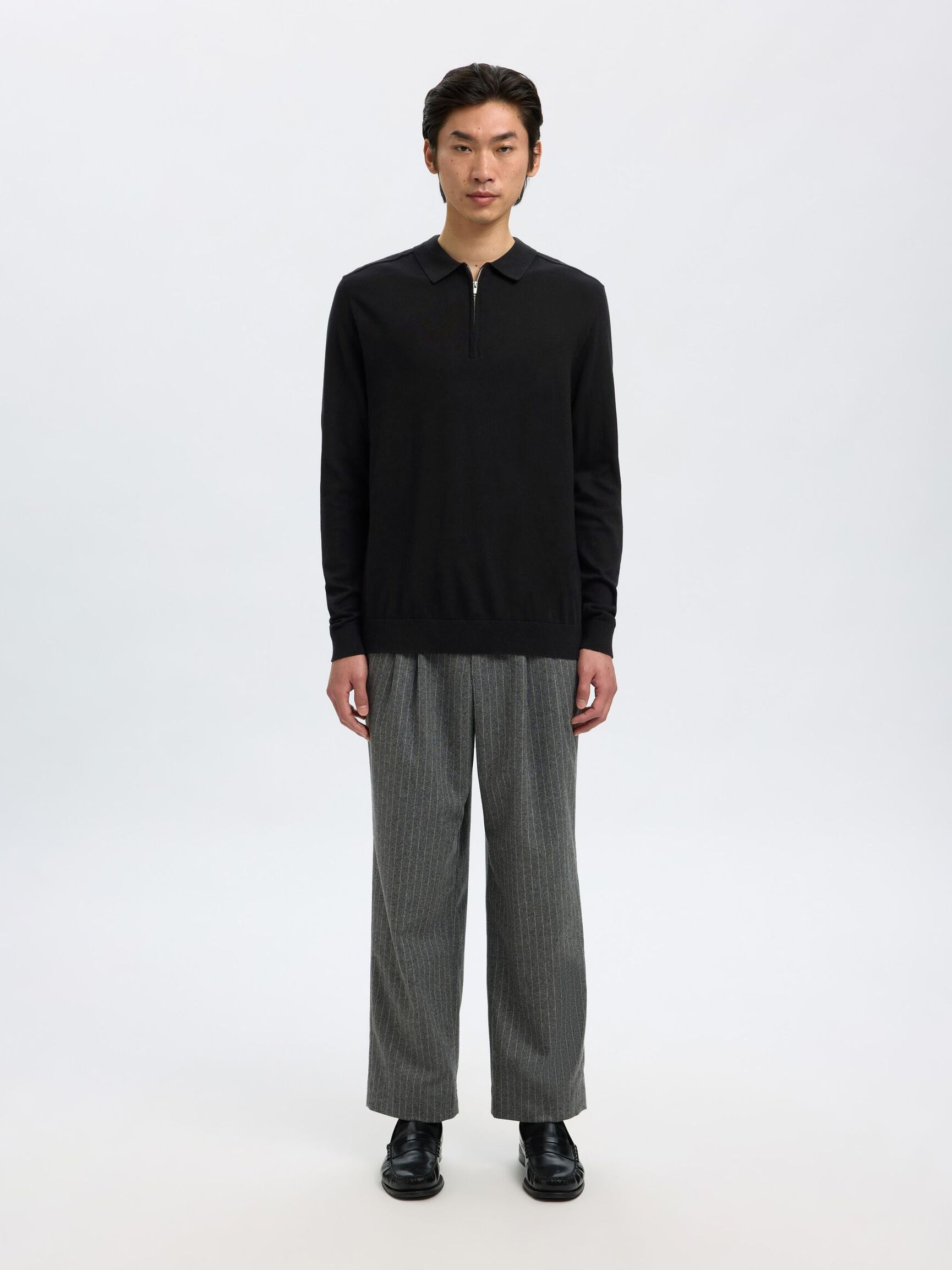 KNITTED LONG-SLEEVED POLO, Black, highres