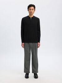 KNITTED LONG-SLEEVED POLO, Black, highres