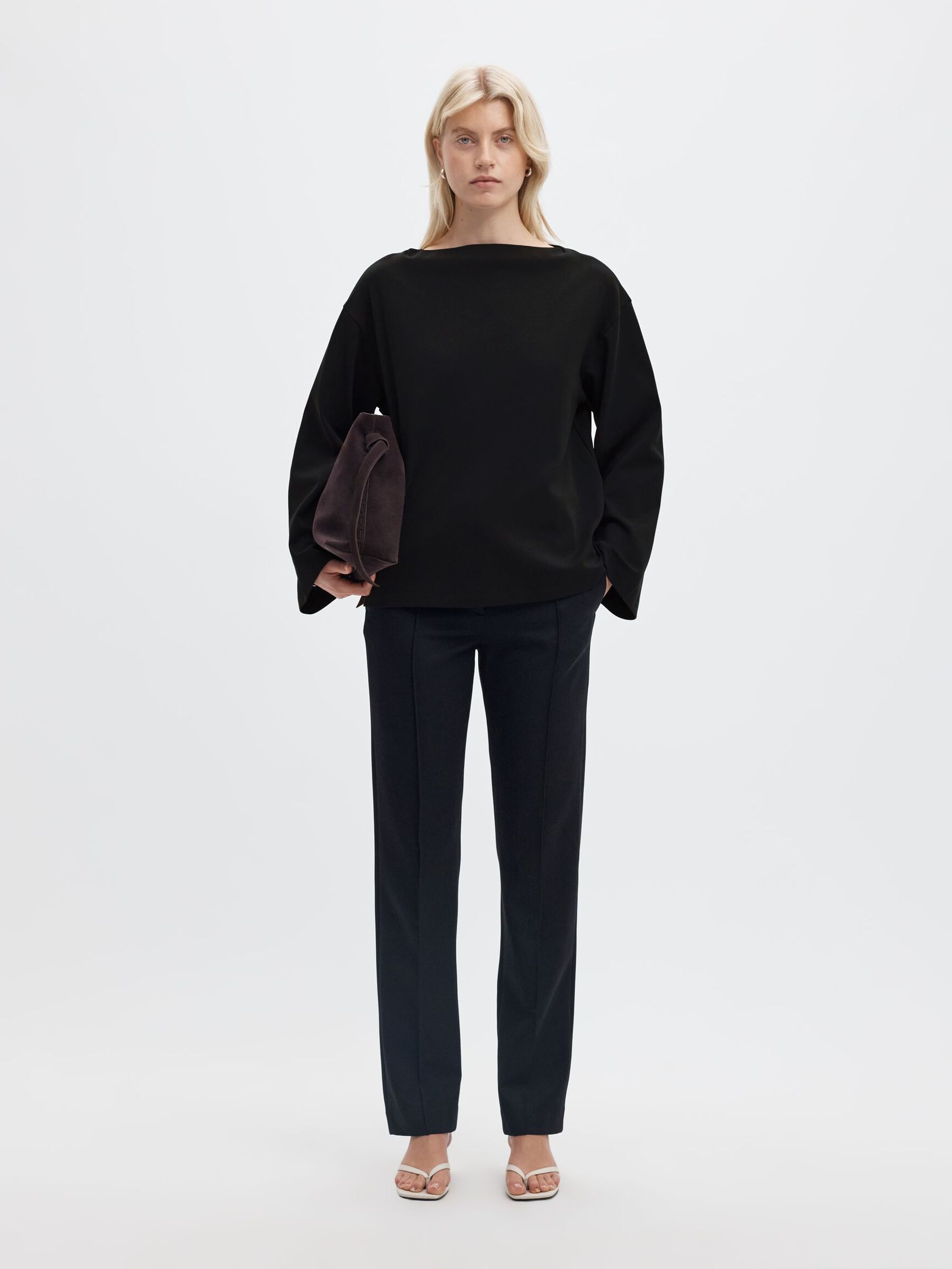 BOAT NECK COTTON LONG-SLEEVED T-SHIRT, Black, highres