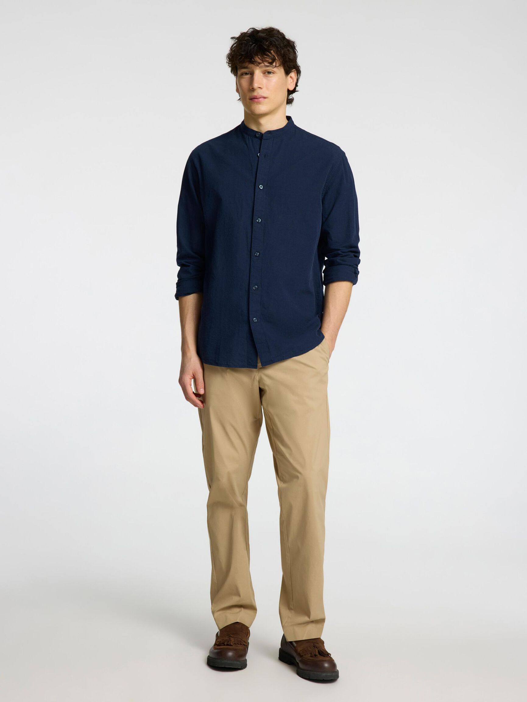 LONG-SLEEVED LINEN BLEND SHIRT, Sky Captain, highres