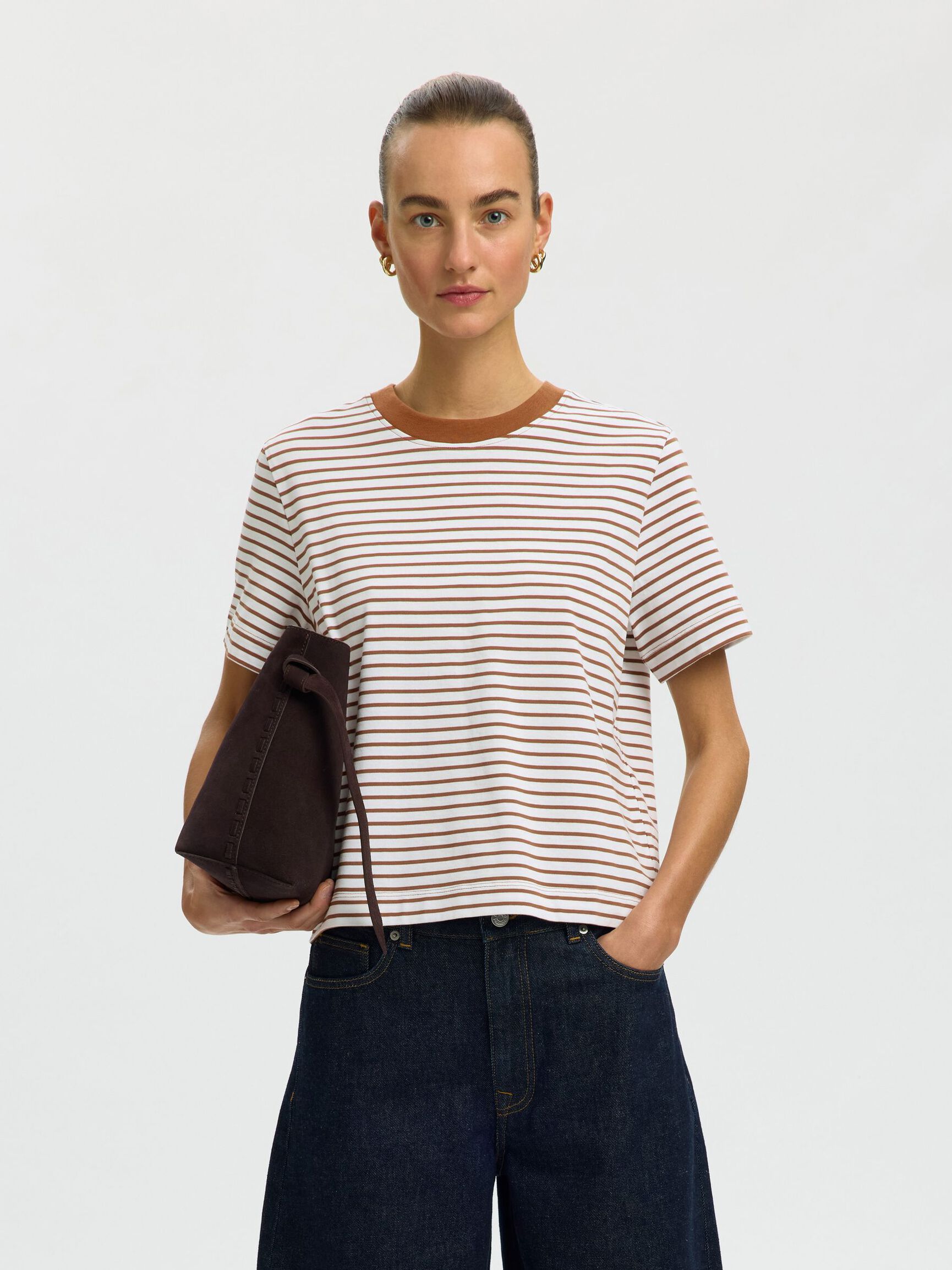 STRIPED BOXY FIT T-SHIRT, Toffee, highres