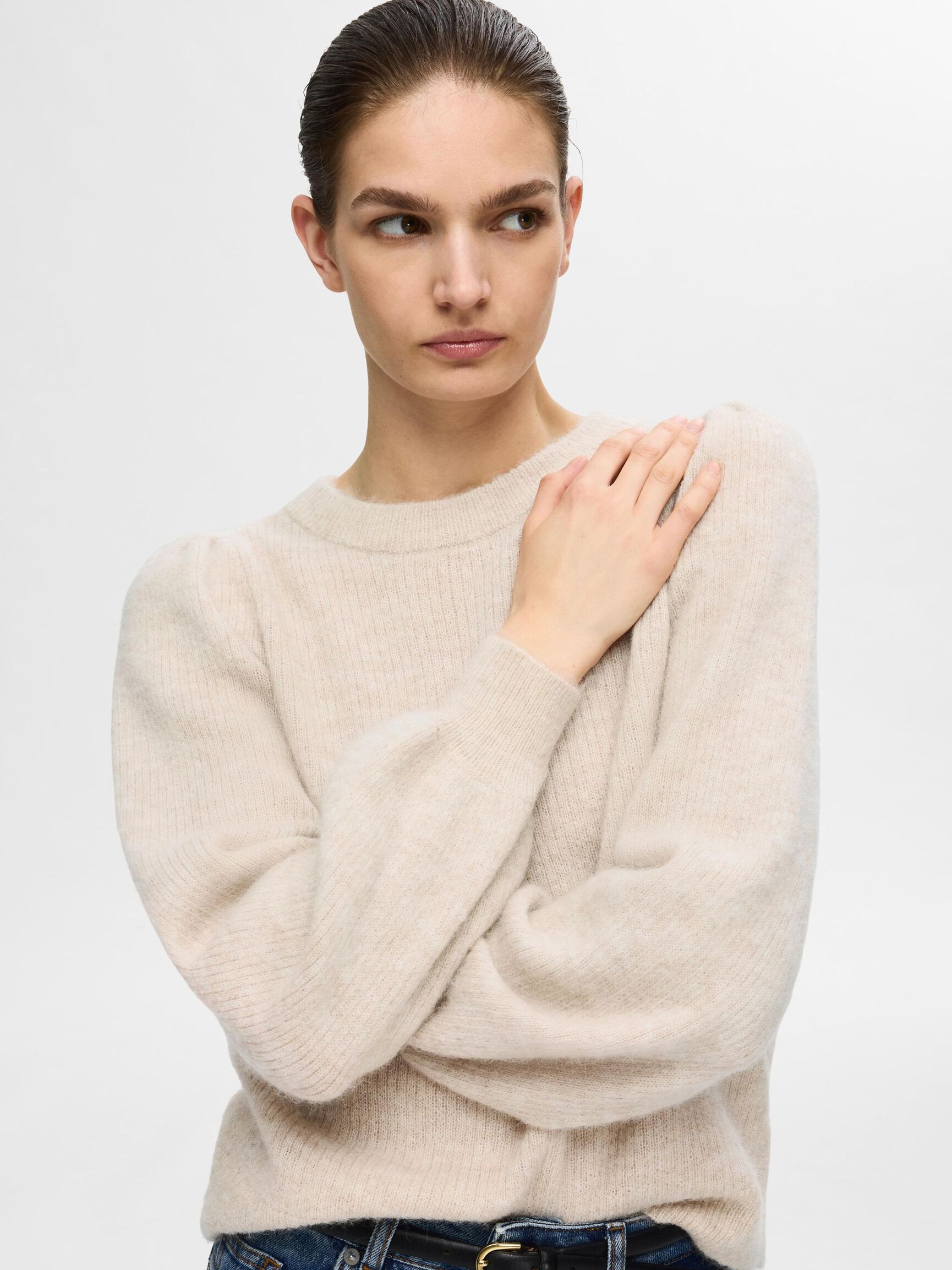 WOOL BLEND KNITTED JUMPER, Birch, highres