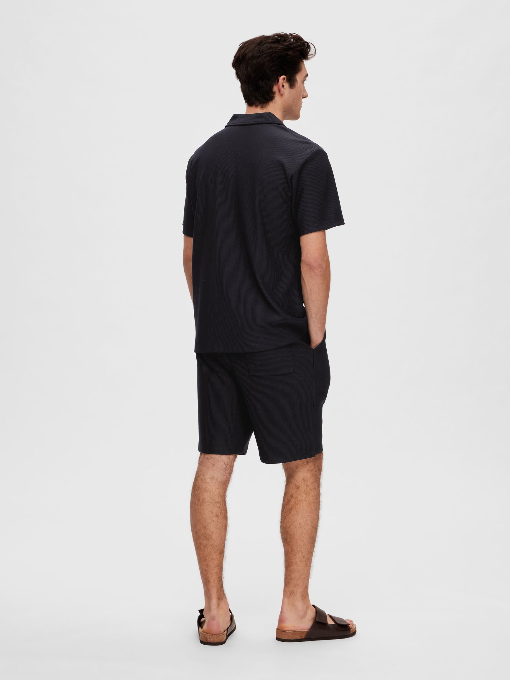RIBBED CUBAN COLLAR SHORT SLEEVED SHIRT, Black, highres