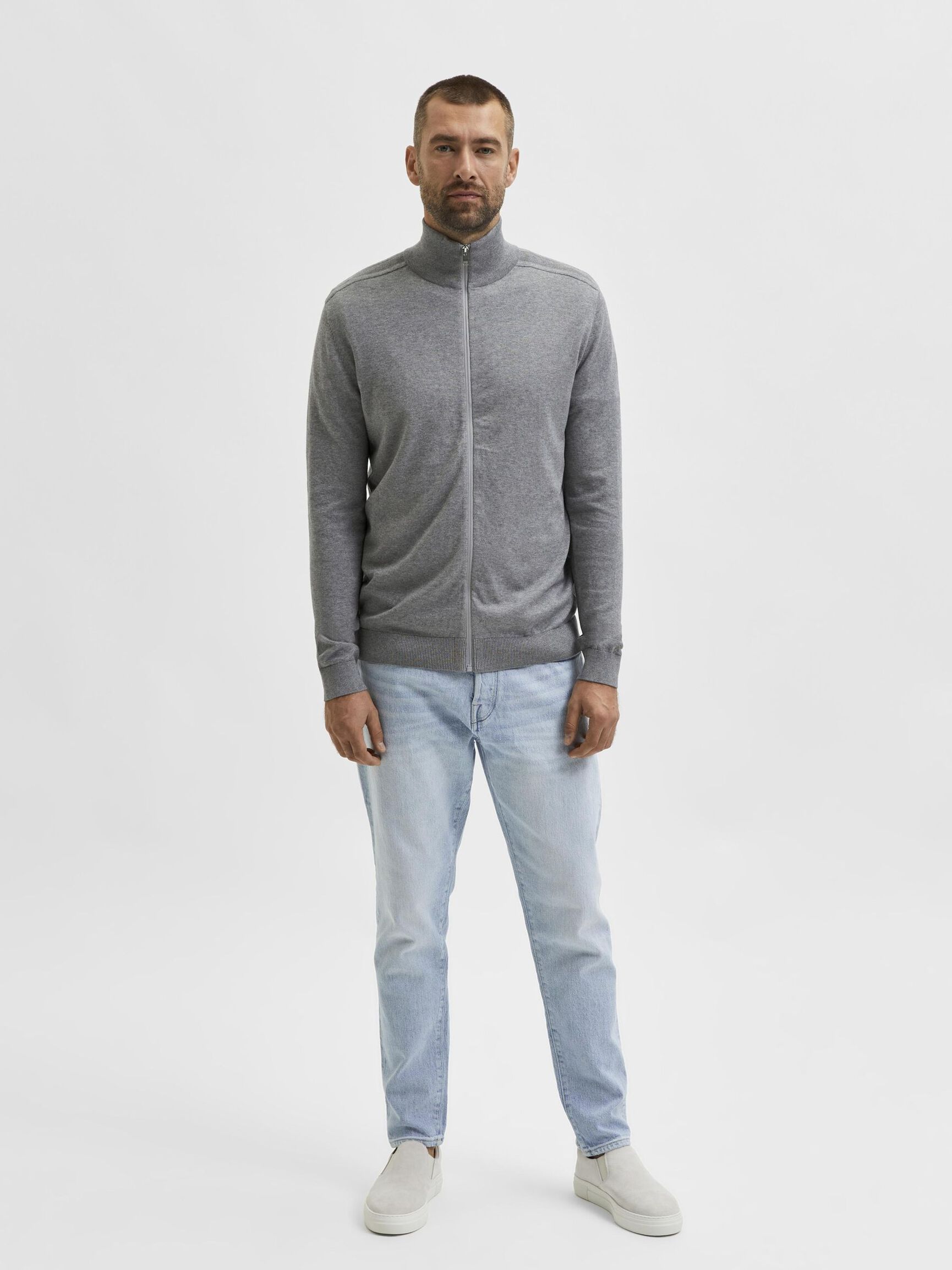 ZIP-UP STRICKJACKE, Medium Grey Melange, highres