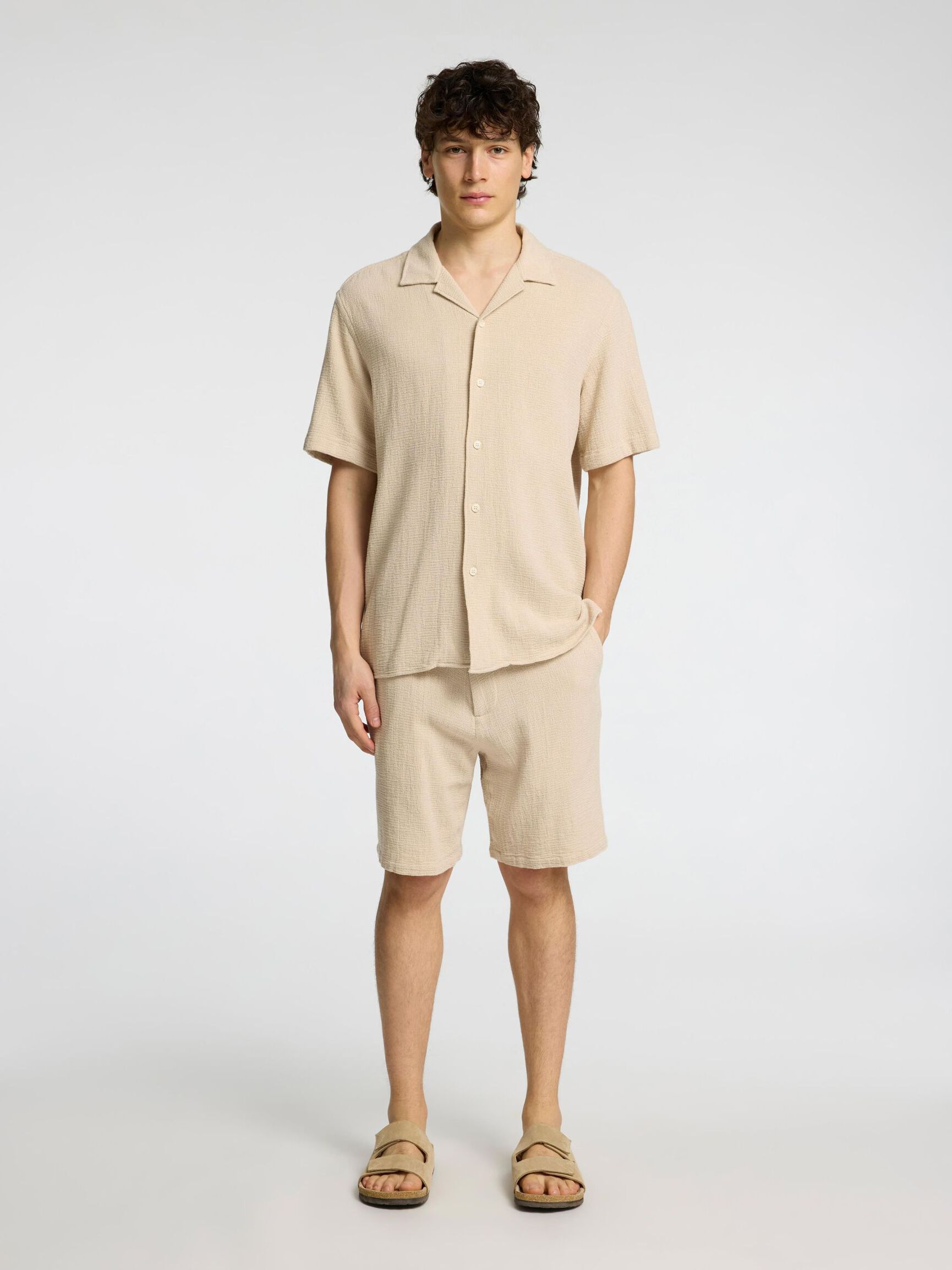 STRIBET BOMULD SHORTS, Oatmeal, highres
