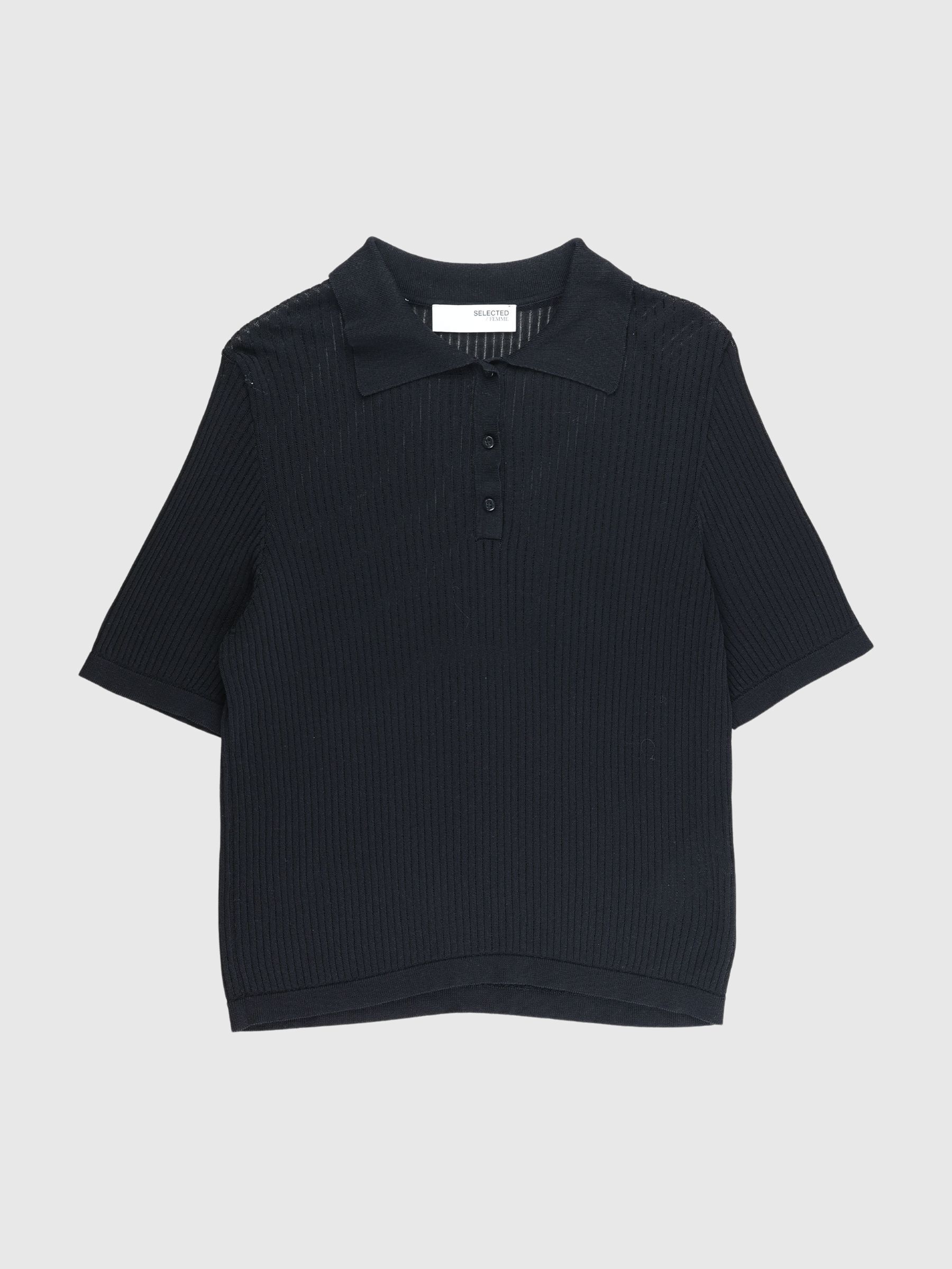 KORTÆRMET STRIKKET POLOSHIRT, Black, highres