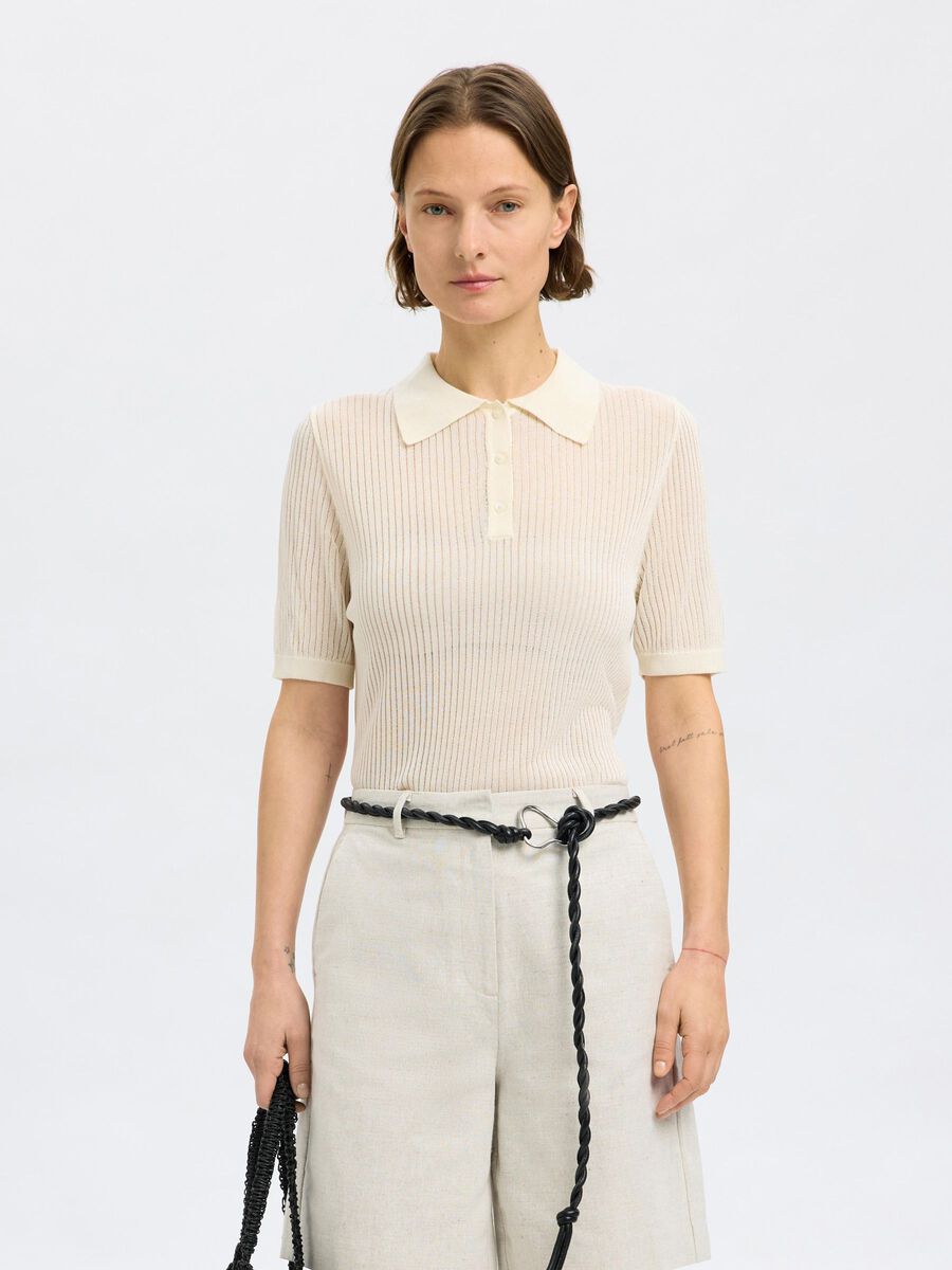 Selected SHORT SLEEVED KNITTED POLO SHIRT, Snow White, highres - 16097552_SnowWhite_003.jpg