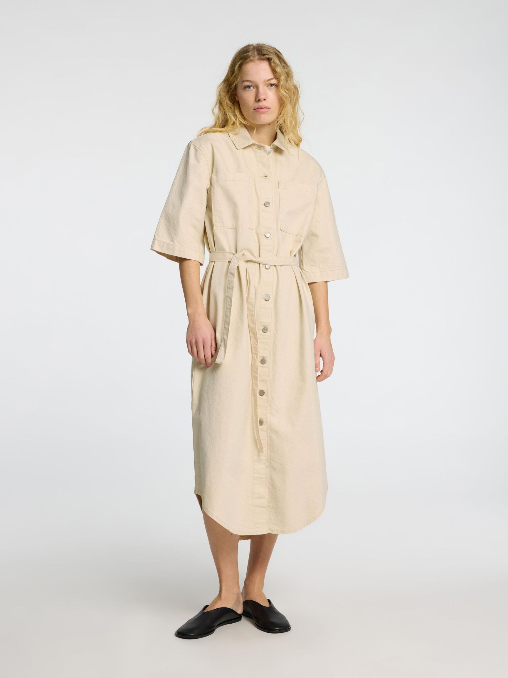 DENIM SHIRT DRESS, Ecru, highres