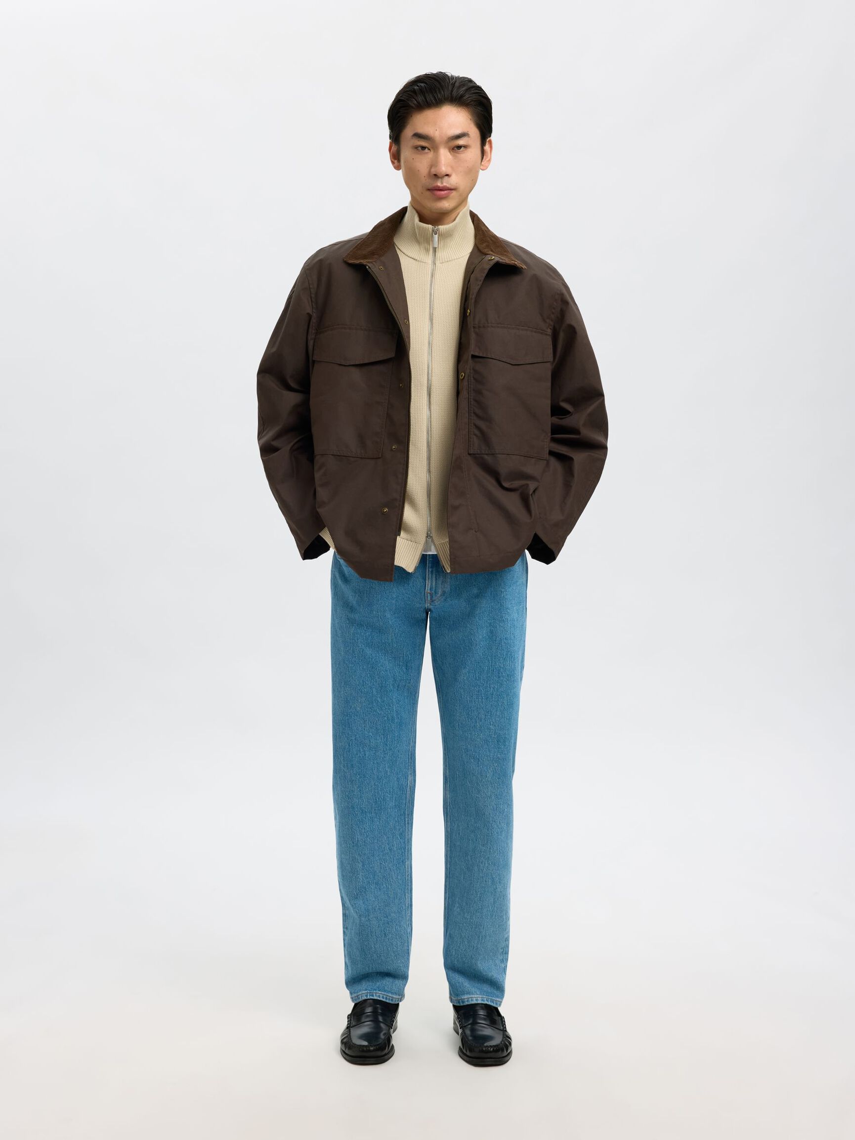 ZIPPED HIGH NECK KNITTED CARDIGAN, Oatmeal, highres