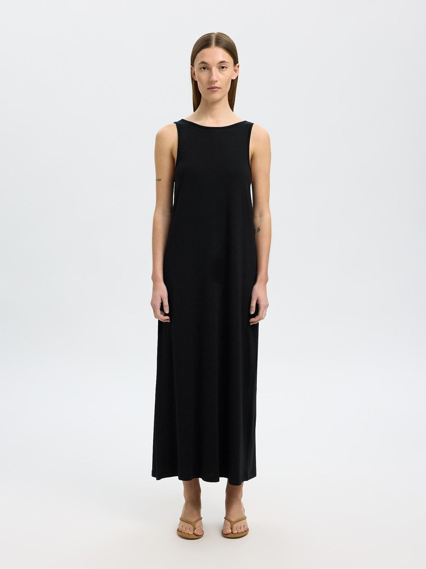 COTTON BLEND SLEEVELESS MAXI DRESS, Black, highres