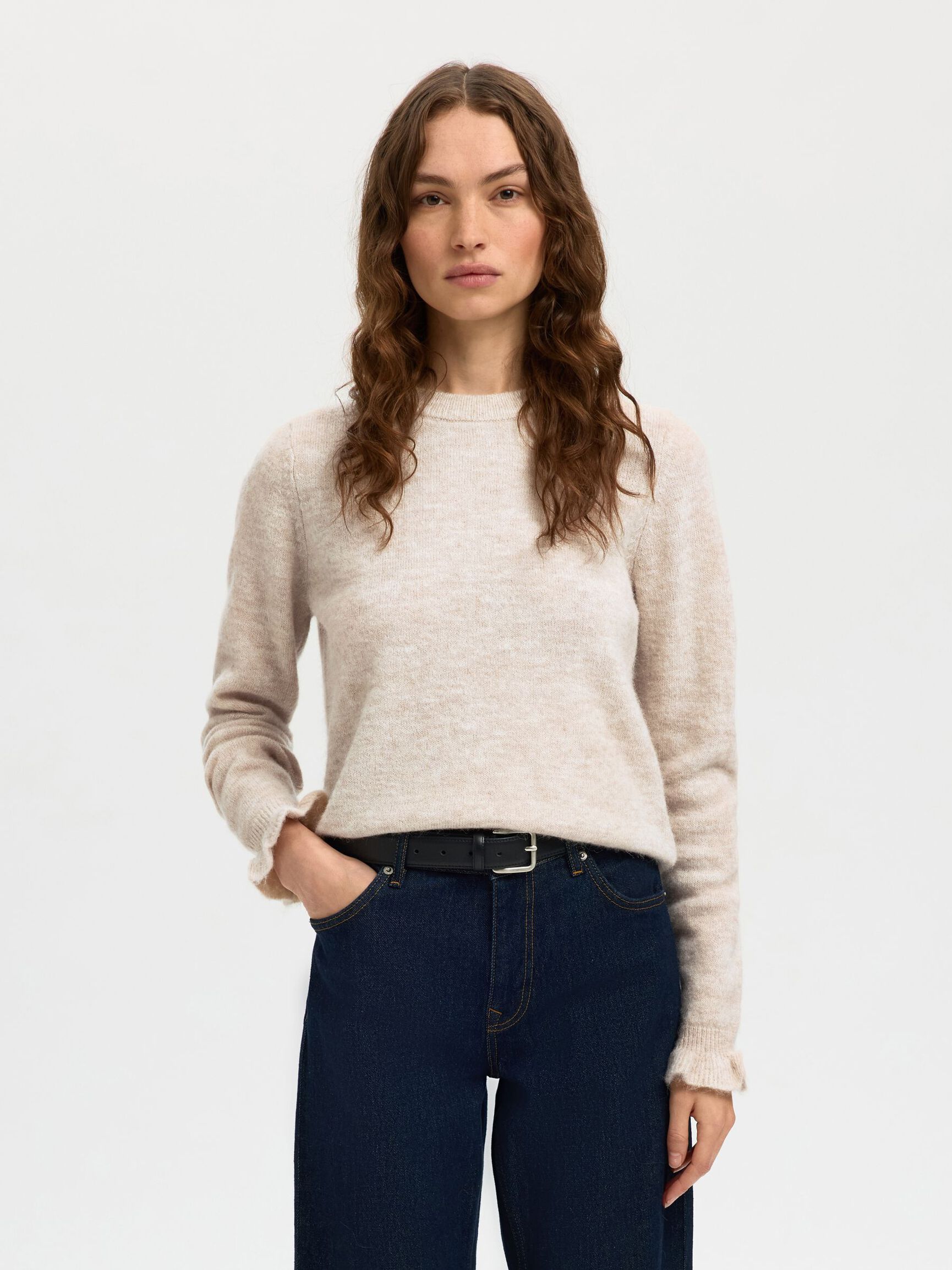 WOOL BLEND RUFFLED SLEEVE PULLOVER, Birch, highres