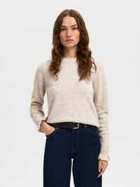 WOOL BLEND RUFFLED SLEEVE PULLOVER, Birch, highres