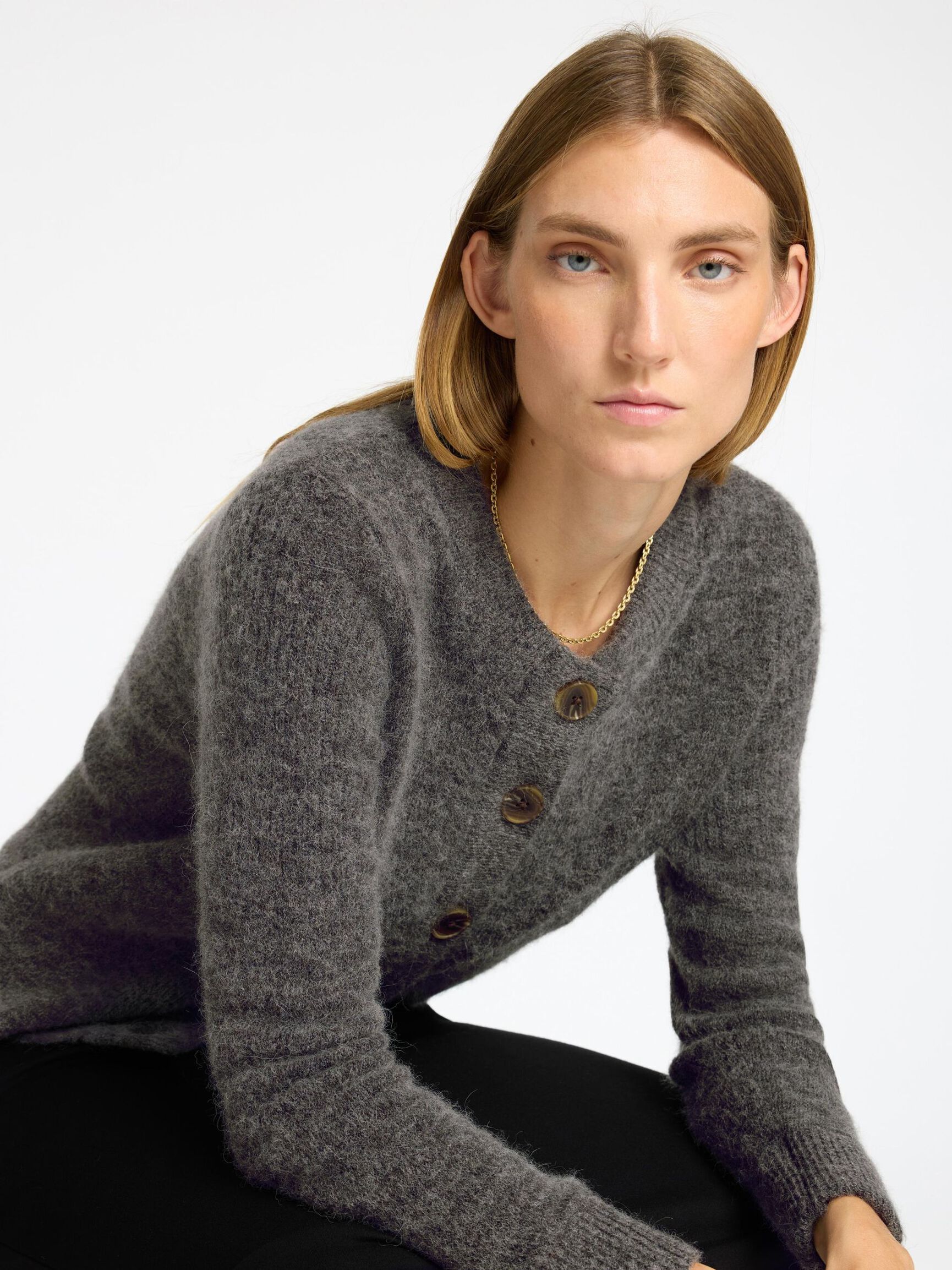 WOOL BLEND KNITTED CARDIGAN, Medium Grey Melange, highres
