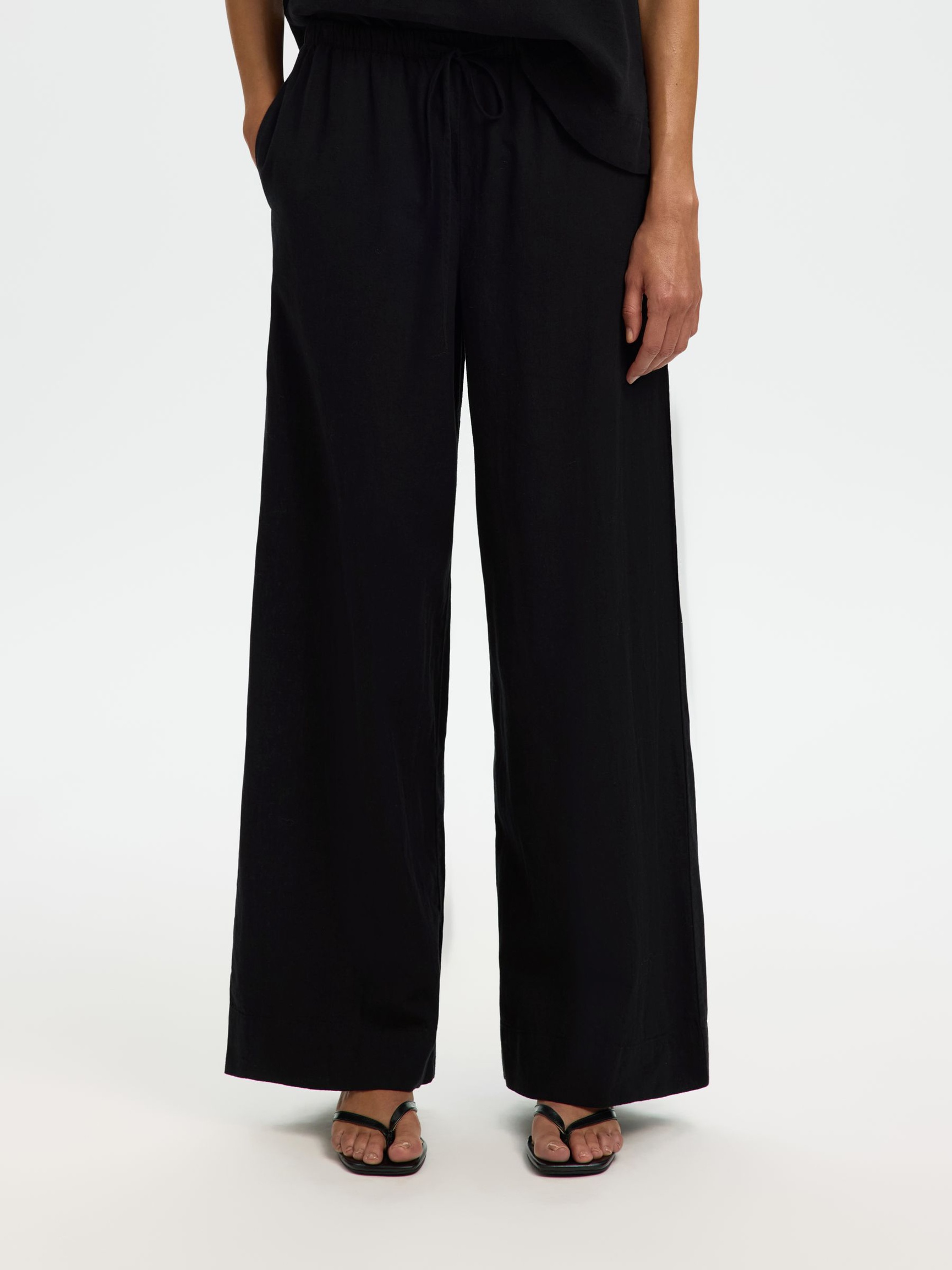 LINEN BLEND WIDE-LEG TROUSERS, Black, highres