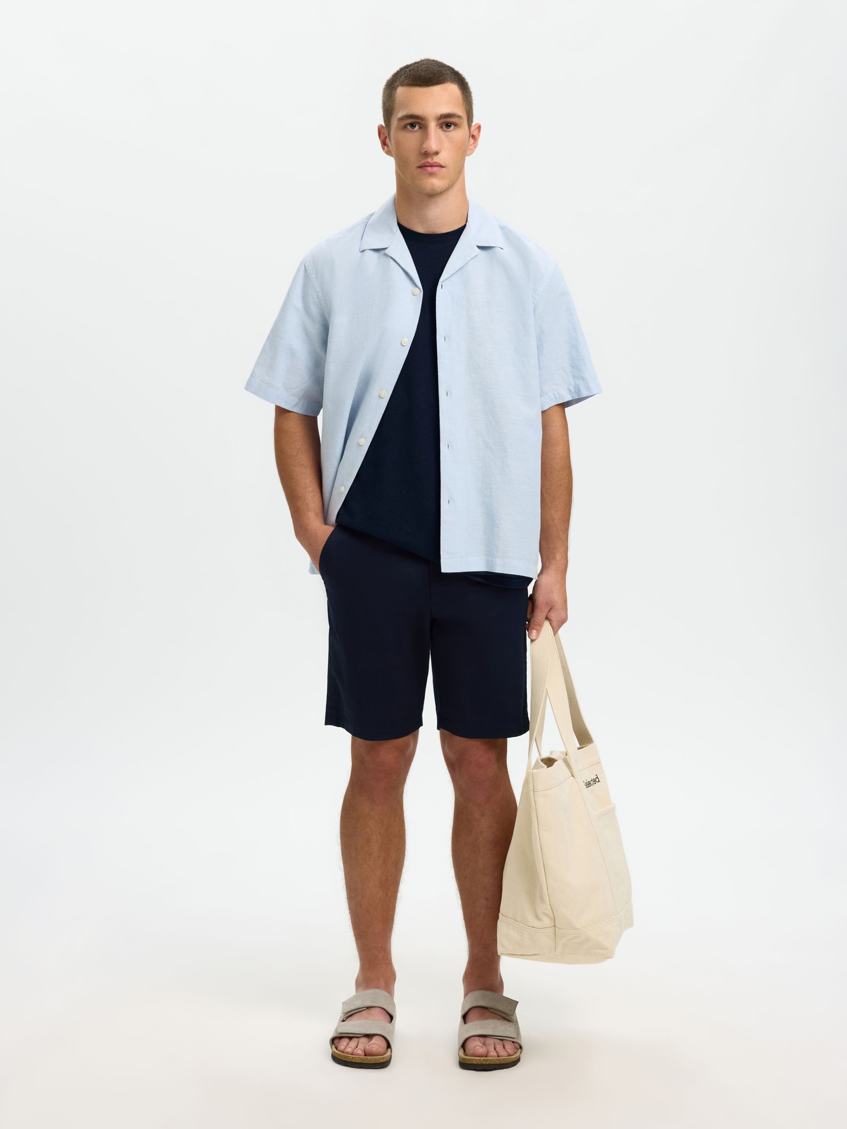 LINEN BLEND T-SHIRT, Sky Captain, highres
