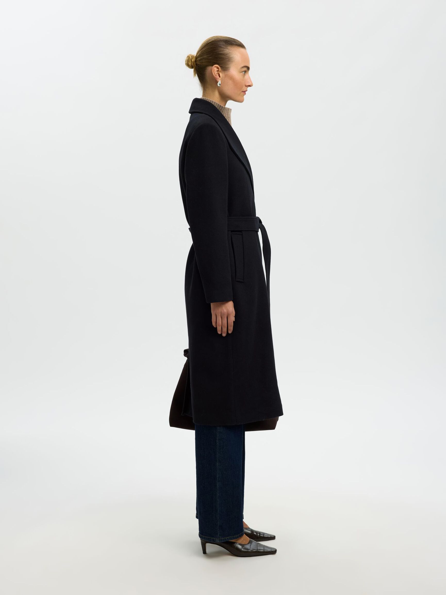 WOOL BLEND LONG COAT, Black, highres